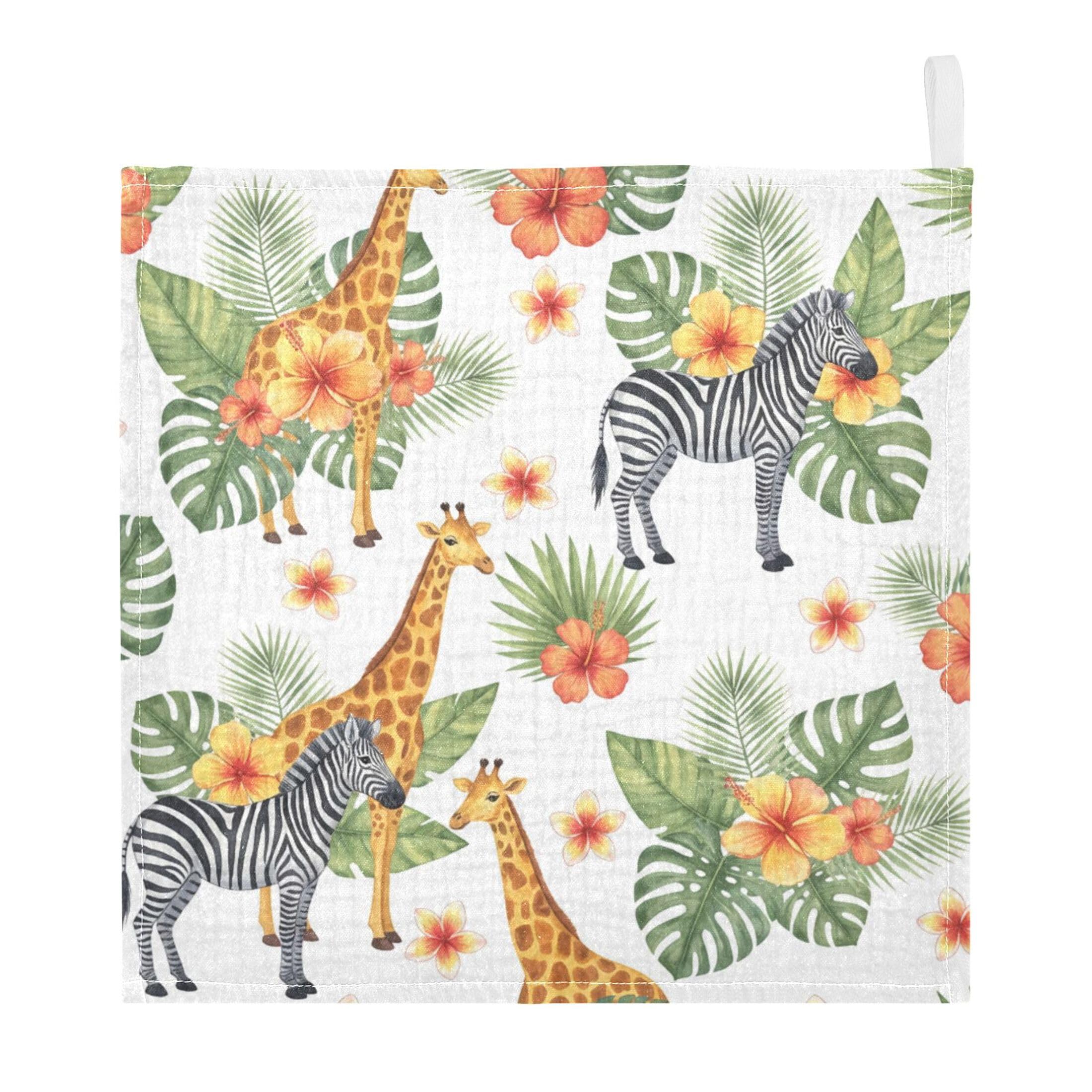 Fuauuyl Giraffe Zebra Baby Muslin Washcloths Cotton Absorbent Soft Burp Cloths for Newborns Infants Toddlers, Reusable Face Towels for Sensitive Skin, 5 Pack, 12x12 in