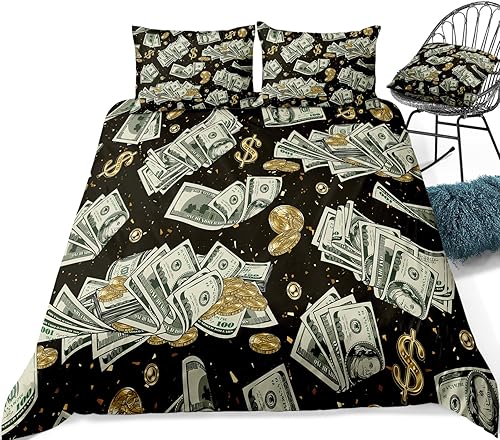 Miniatura 9 de Merryword Juego de funda de edredón de lujo, tamaño King, juego de cama de billetes de dólar, patrón de monedas doradas abstractas, ropa de cama de