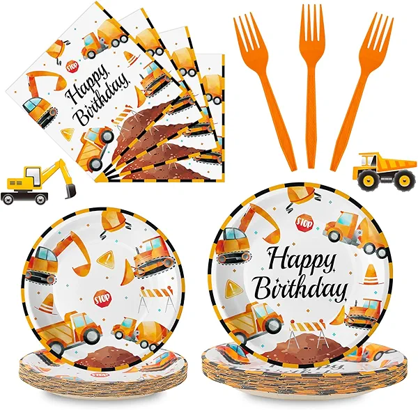 100 Pcs Construction Birthday Party Supplies - Construction Themed Plates and Napkins Forks Set, Disposable Dump Truck Tableware for Boys Kids Birthday Party Decorations Favors, Serve 25 Guests