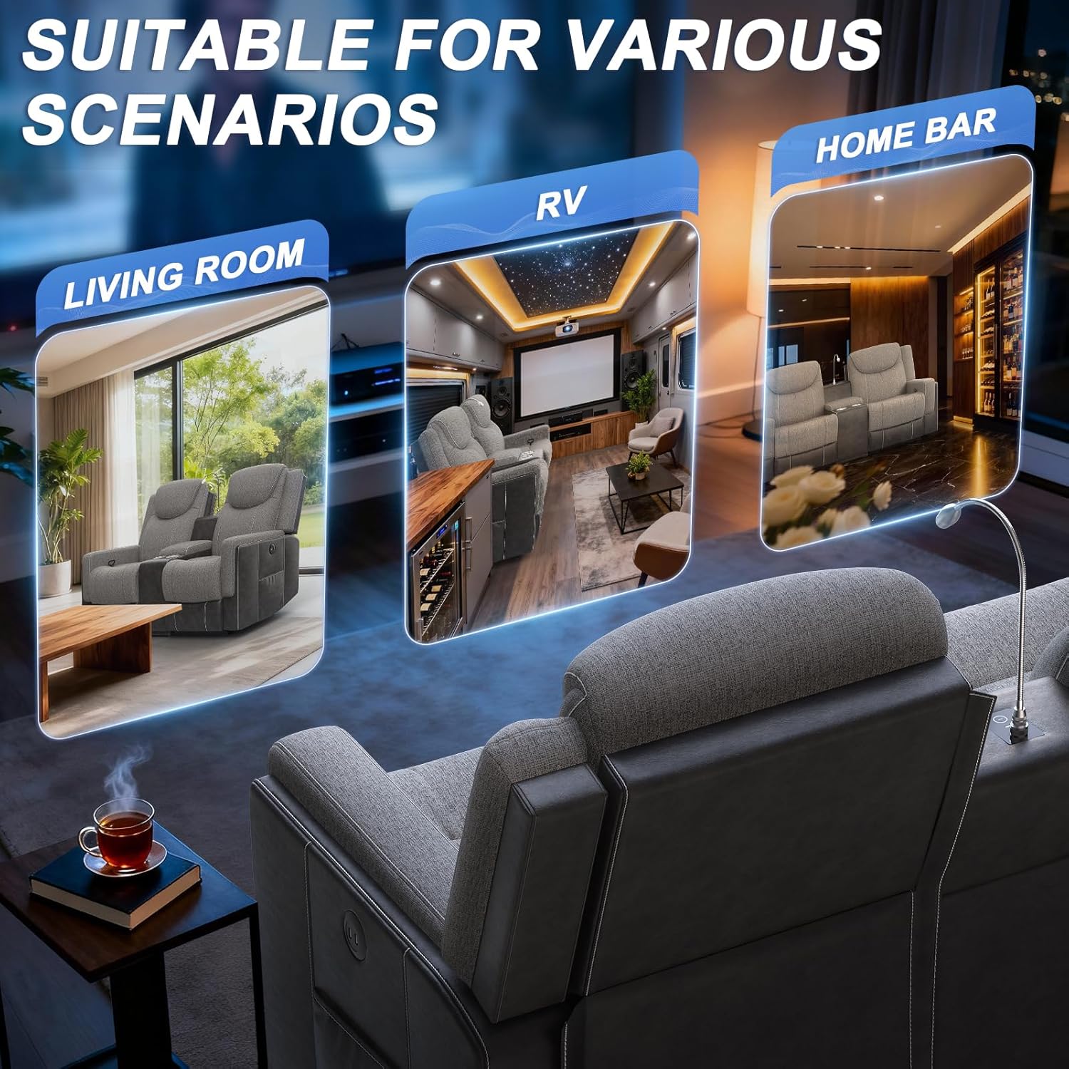 Manual Loveseat Recliner Sofa, Home Theater Seating with Touch Reading Light, Console with Cup Holders & Storage, USB Ports, 2 Seater Reclining Couch for Living Room, RV, Home Theater