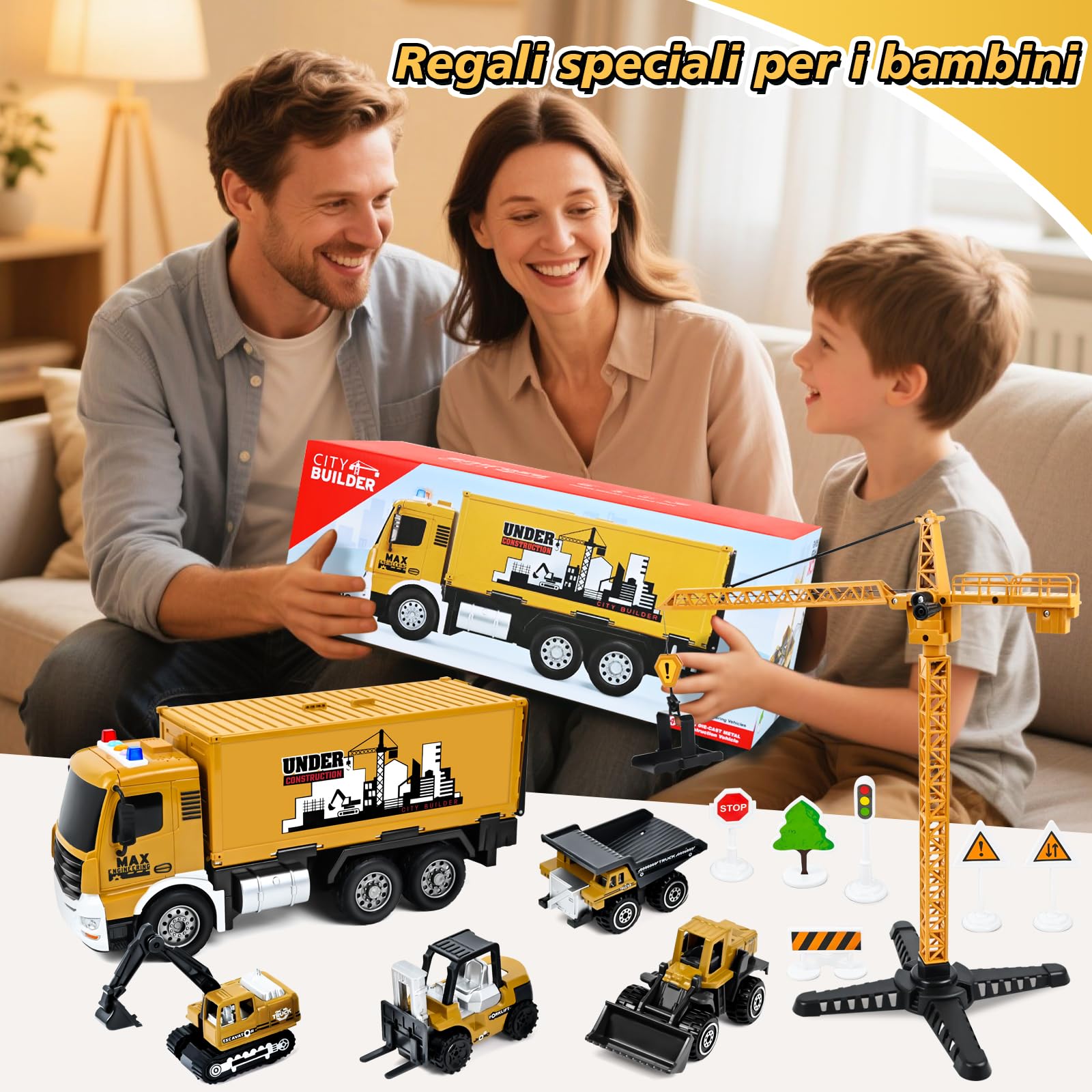 PATEMZON Veicoli Da Cantiere Giocattolo, Camion da Cantiere Giocattolo, Camion Pista Macchinine Gru Bisarca GiocattoloS con Escavatore Costruzione Bulldozer, Musica et Luce, Regalo Bambini 3+ anni