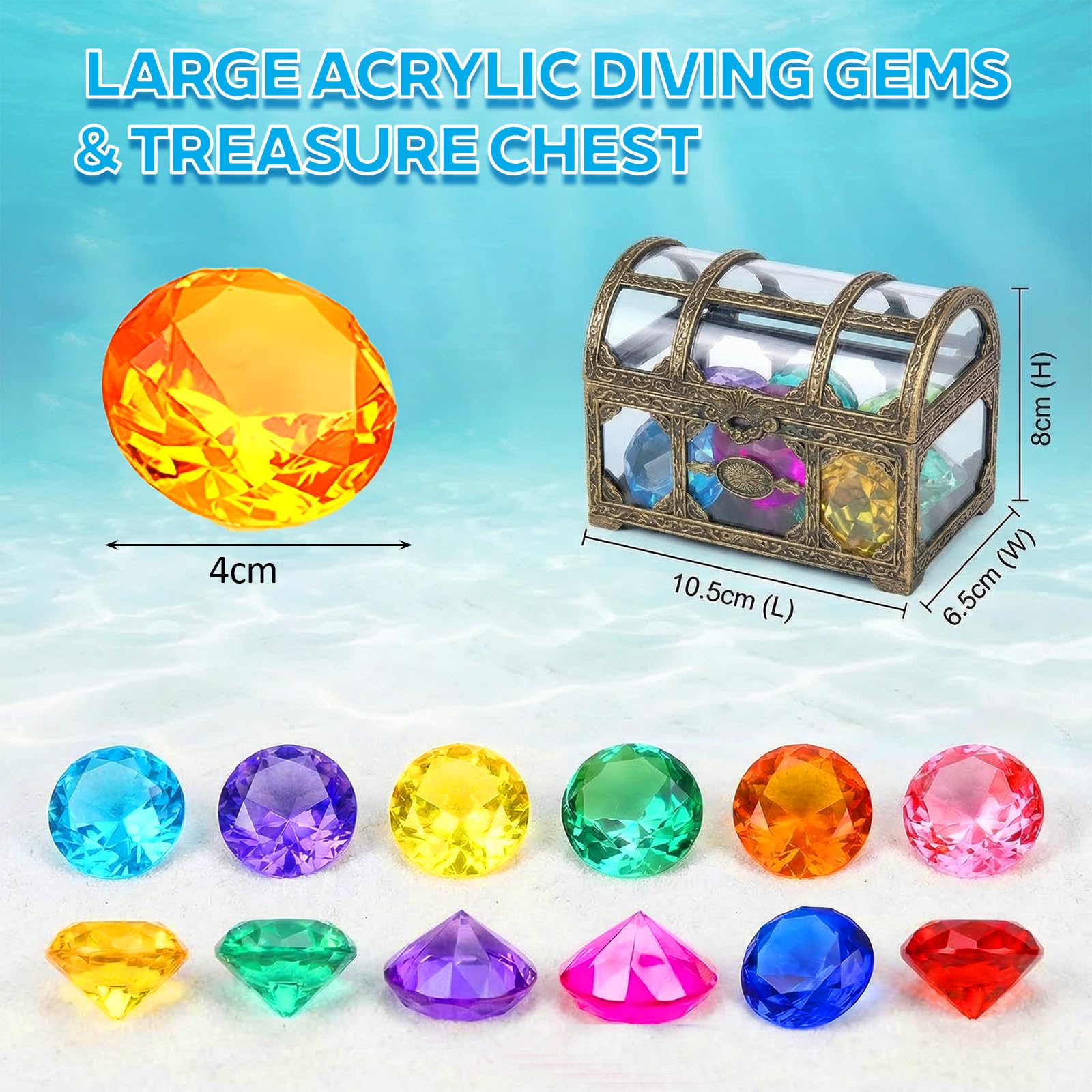 Plkjiu Kids Diving Gems with Treasure Box, 10PCS Swimming Pool Sinkers for Kids 5-12, Pirate Pool Toys for Swimming Pool & Beach - Image 2
