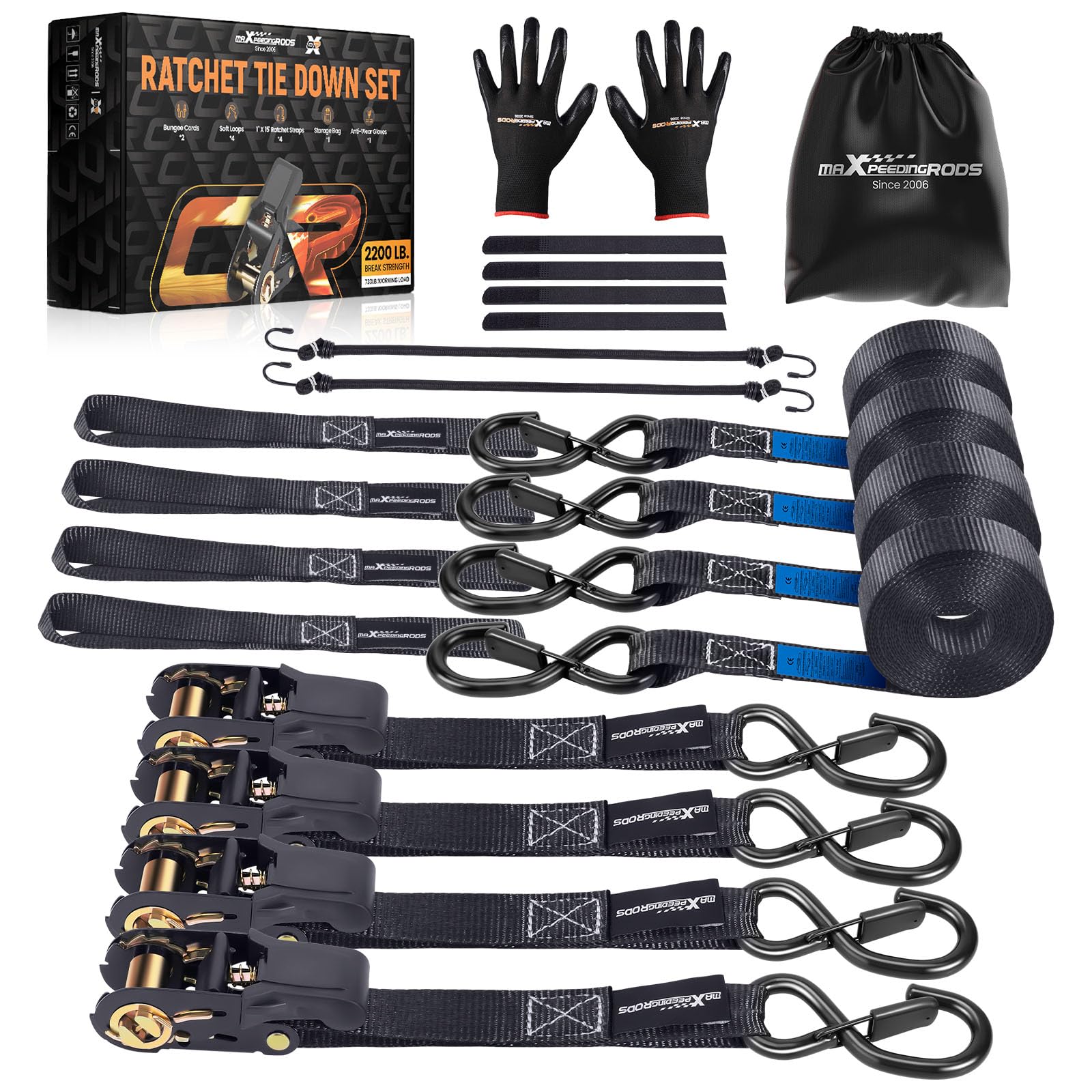 maXpeedingrods 4x 4,5 m Cinghie di Fissaggio a Cricchetto 997 kg Nero | con Ganci di Sicurezza a S, EN 12195-2