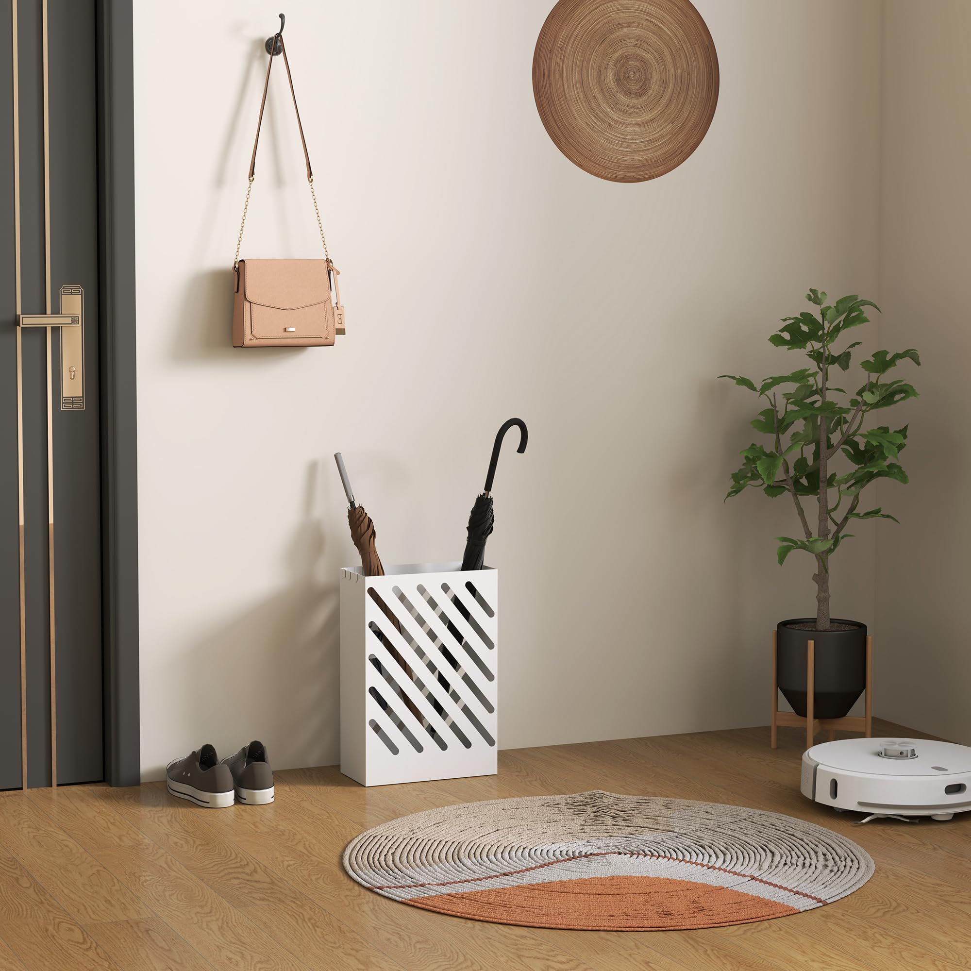 HOMCOM Portaombrelli Design Moderno con Vaschetta Raccogli Gocce, Porta Ombrelli in Acciaio Zincato con 4 Ganci per Ingresso e Corridoio, 28x14x41 cm, Bianco
