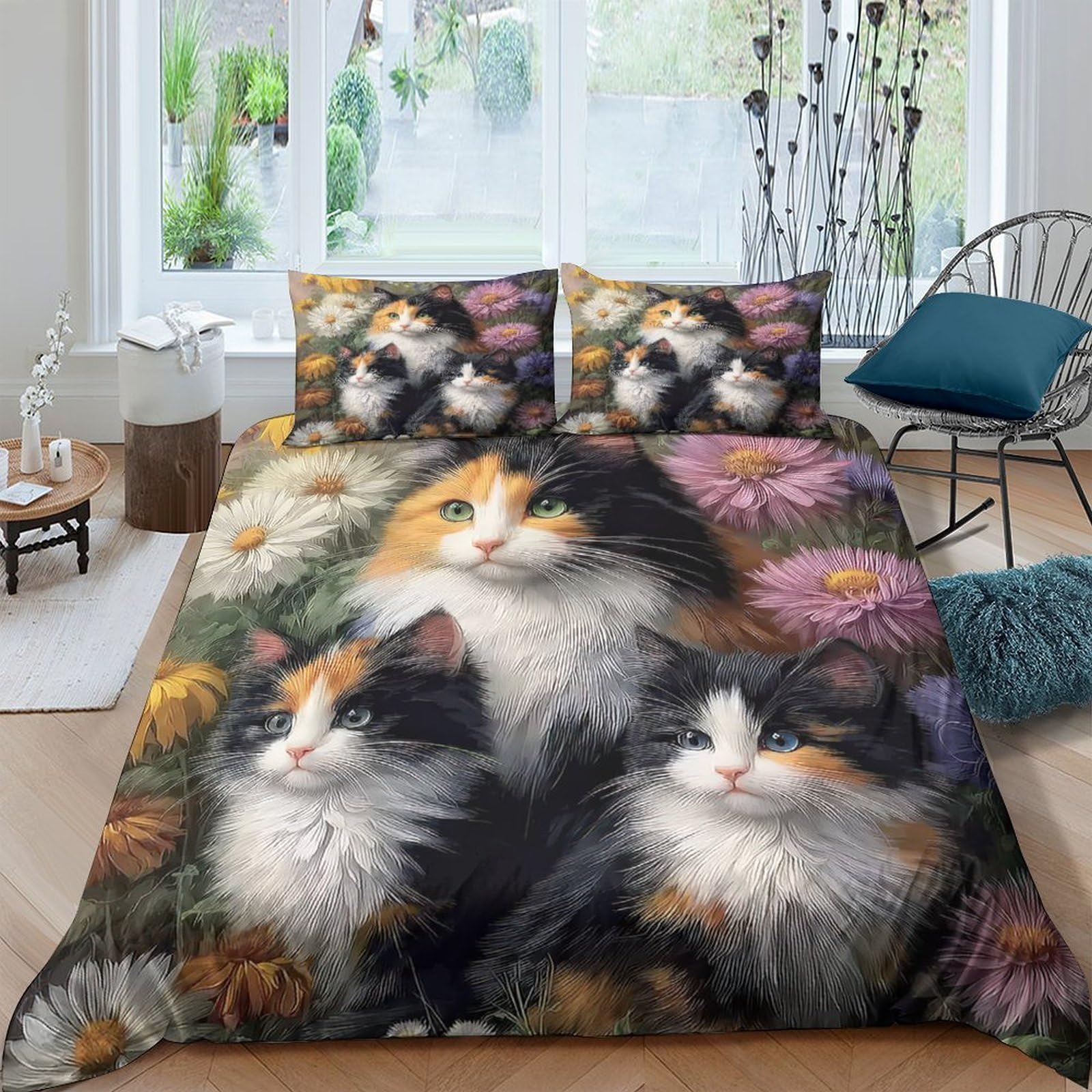 Ctjqhvkz Style-9 3D Printed Calico Cat Fitted Sheet Microfiber Floral Bed Cover Soft Washable For Bedroom Guest Room Decor Single（135X200cm）
