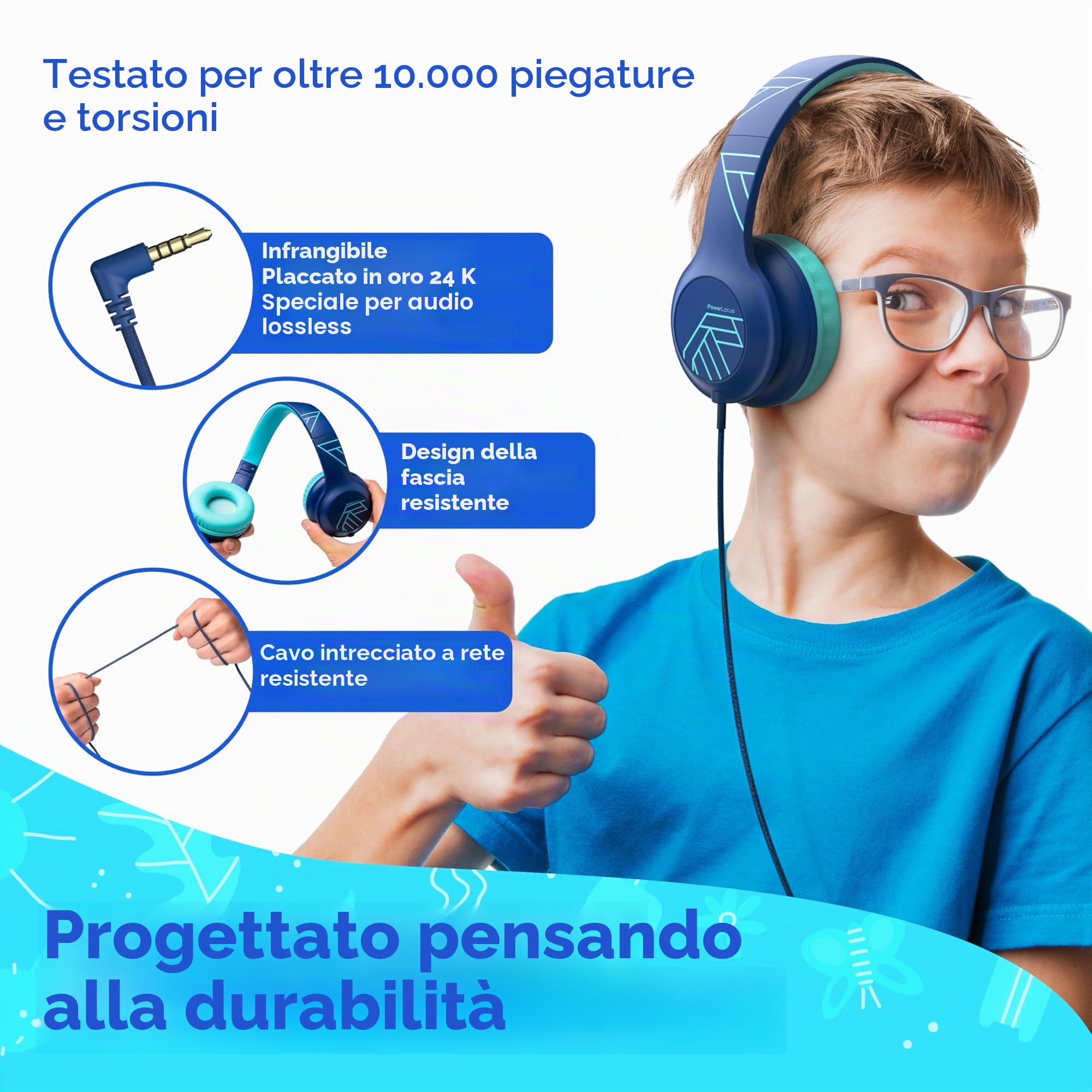 PowerLocus Cuffie per Bambini con Filo, Pieghevoli, Limitazione Volume 85/94dB, 3.5mm Jack, Microfono, Hi-Fi Stereo per Telefono/Viaggio/PC (Blu)