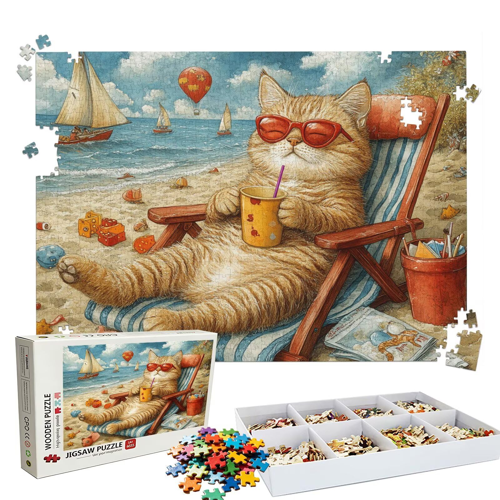 Puzzle 1000 elementów, puzzle 1000 elementów dla dorosłych, trudne puzzle, aktywność antystresowa i relaks, druk w wysokiej rozdzielczości, drewniane puzzle kot plażowy z wykwintnym pudełkiem do