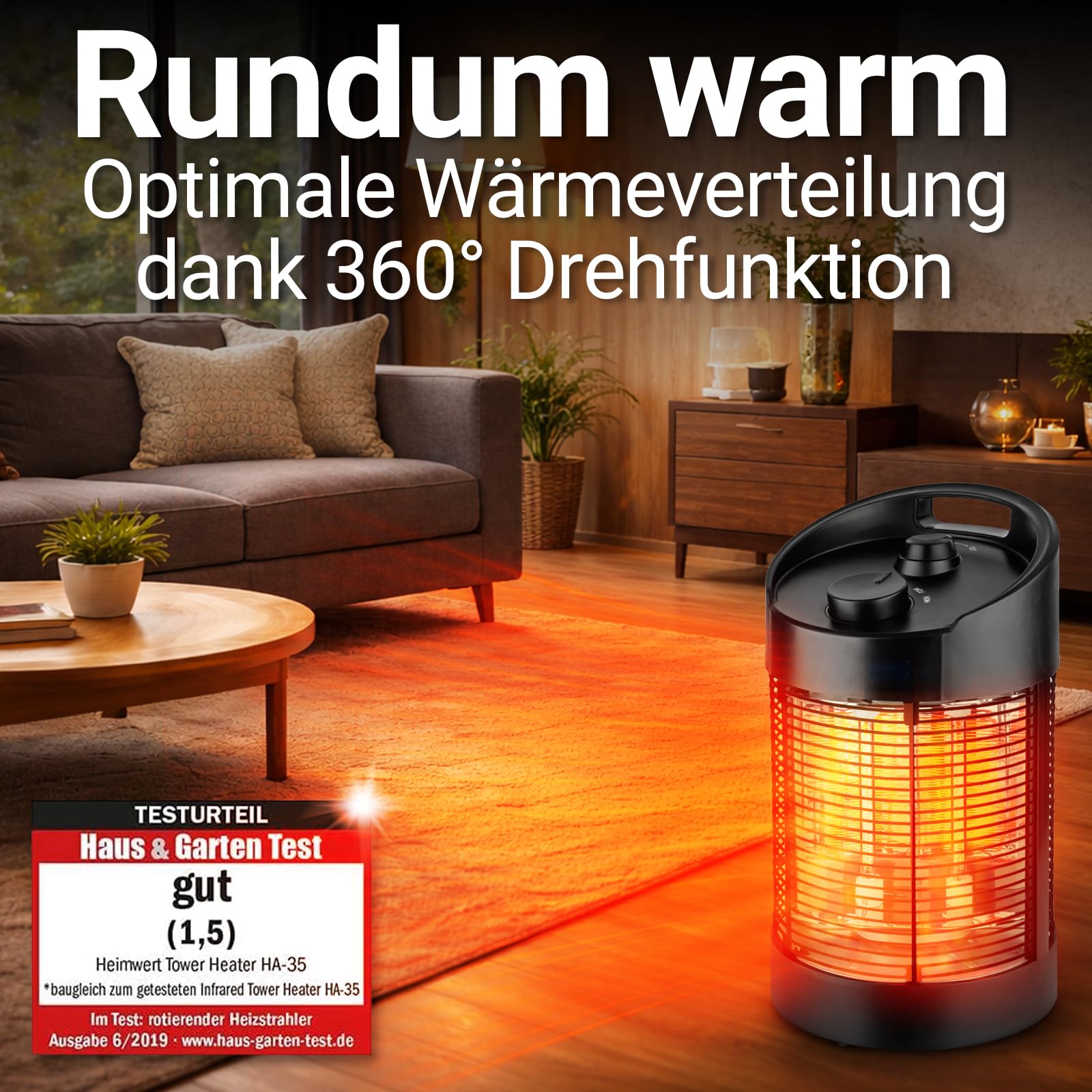 Heimwert Stufa a infrarossi – Riscaldamento istantaneo per terrazza e interni, mobile ed efficiente, silenzioso e anallergico, molto buono (altezza 41 cm)