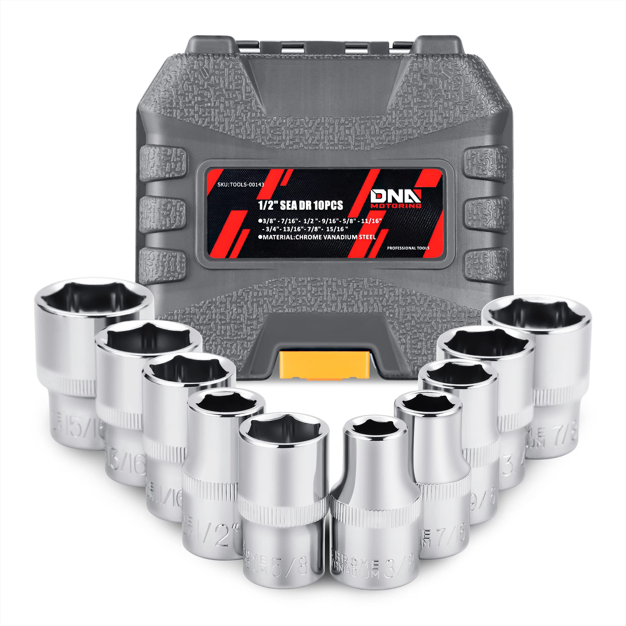 DNA MOTORING TOOLS-00143 10-Pcs 1/2-Inch Drive SAE Impact Socket Set - 3/8" 7/16" 1/2" 9/16" 5/8" 11/16" 3/4" 13/16" 7/8" 15/16", Cr-V