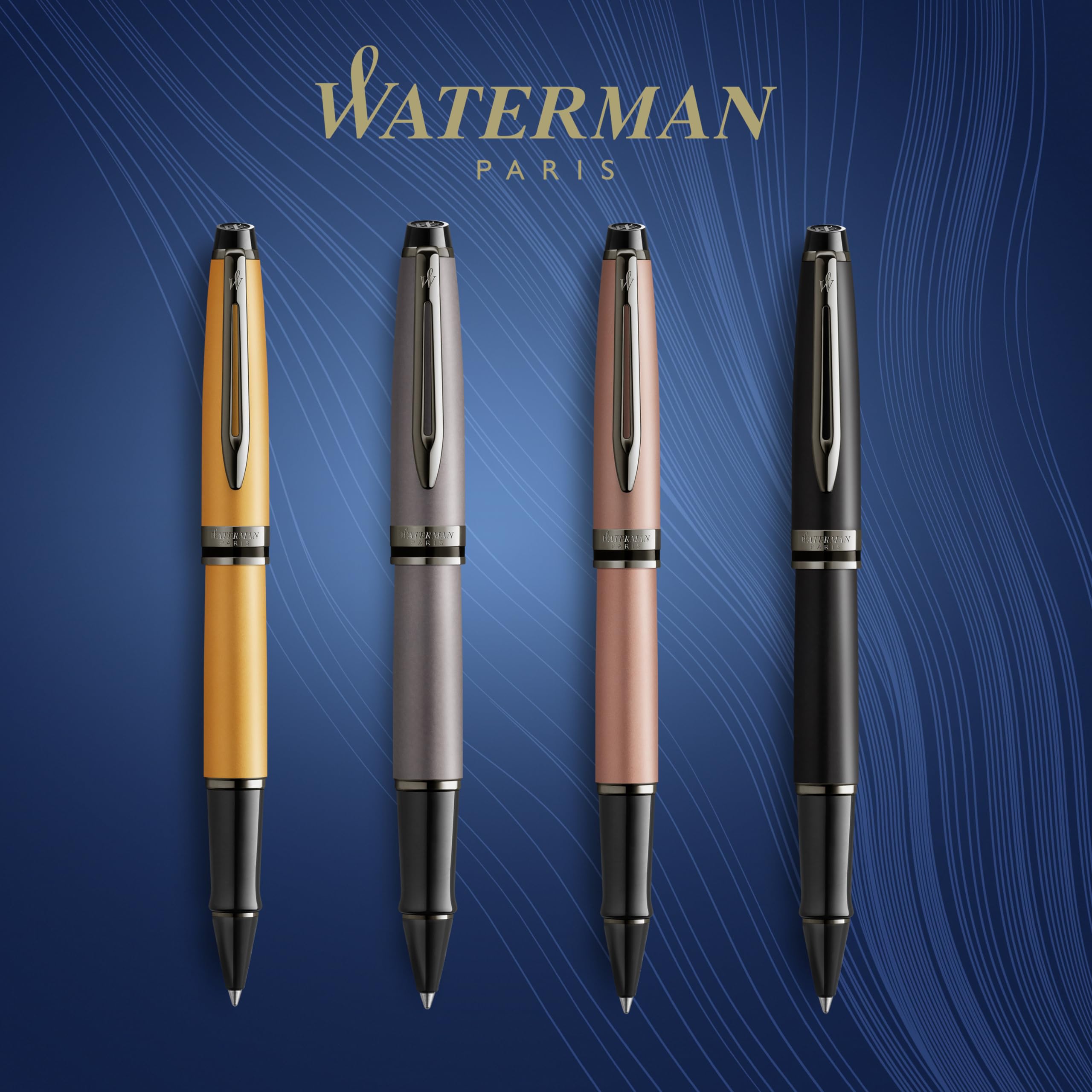 Waterman 2119259 Expert Rollerball | Goldfarbene Metallic-Lackierung mit Ruthenium-Zierteilen | Feine Spitze | Schwarze Tinte | In Geschenkbox