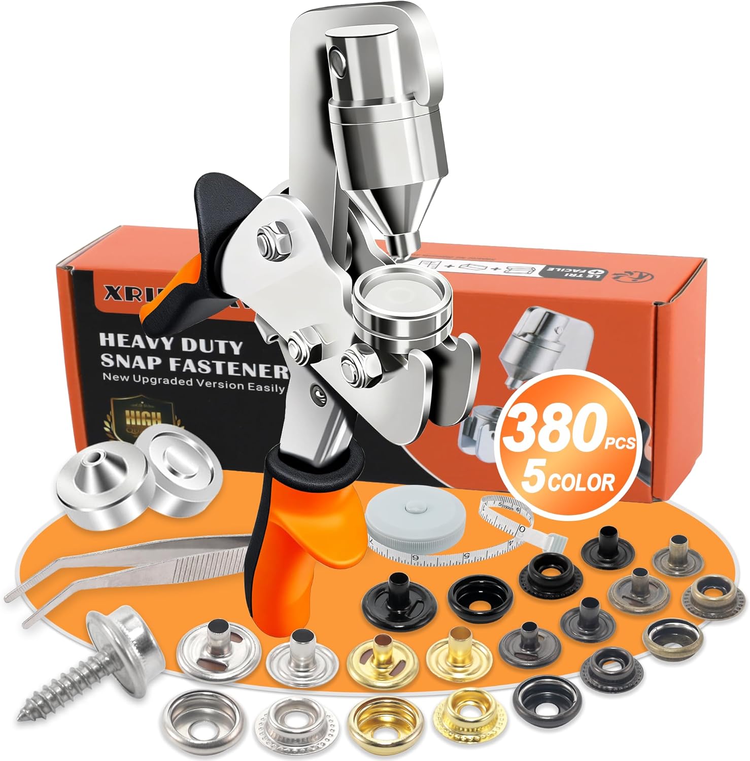 Snap Fastener Tool, Boat Cover Snap Button Kit, 380 PCS Button Snap Kit, 5 Colors of Boat Cover Snaps, 15mm Stainless Steel Canvas Snaps for Repairing Boat Covers, Fabric, Tarps, Canvas, Leather