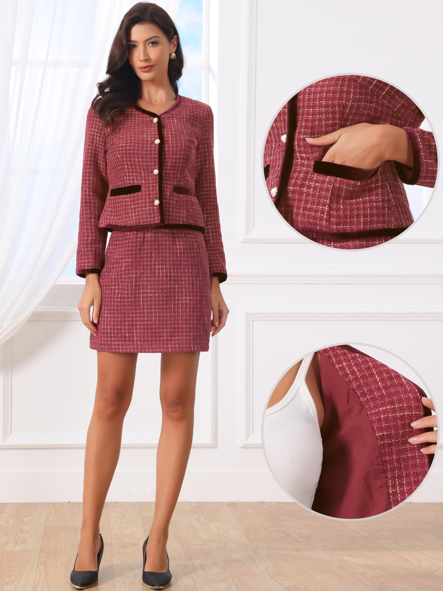 Allegra K Completo da Donna in 2 Pezzi Giacca Blazer Corta in Tweed Scozzese e Gonna