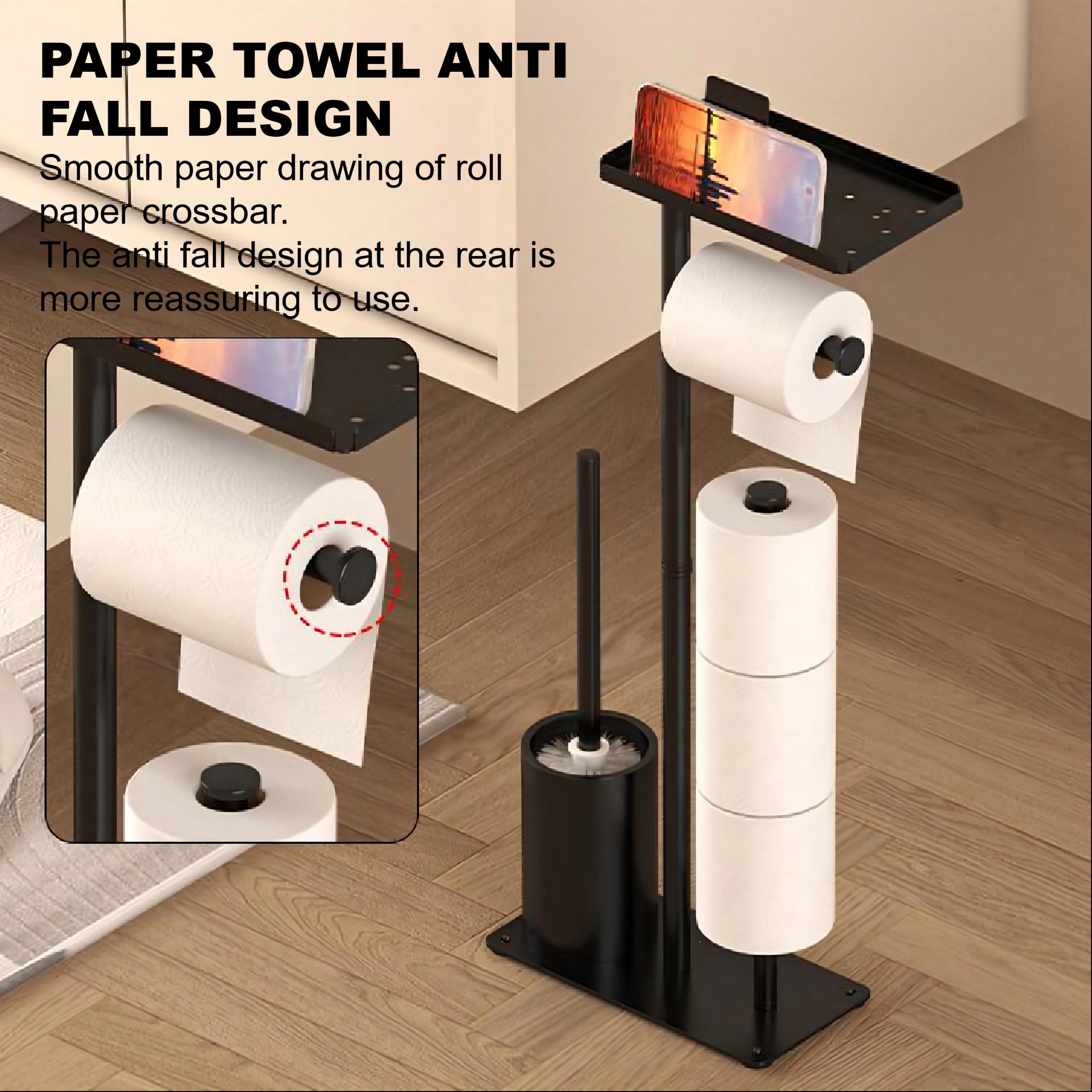 Toilet Brushes & Holders,Free Standing Toilet Roll Holder with Brush and Wipes or Phone Shelf for Wet Wipes,Bathroom Accessories Tissue Holders,Loo Roll Holder Free Standing Holds 4 Rolls (Black) - Image 3