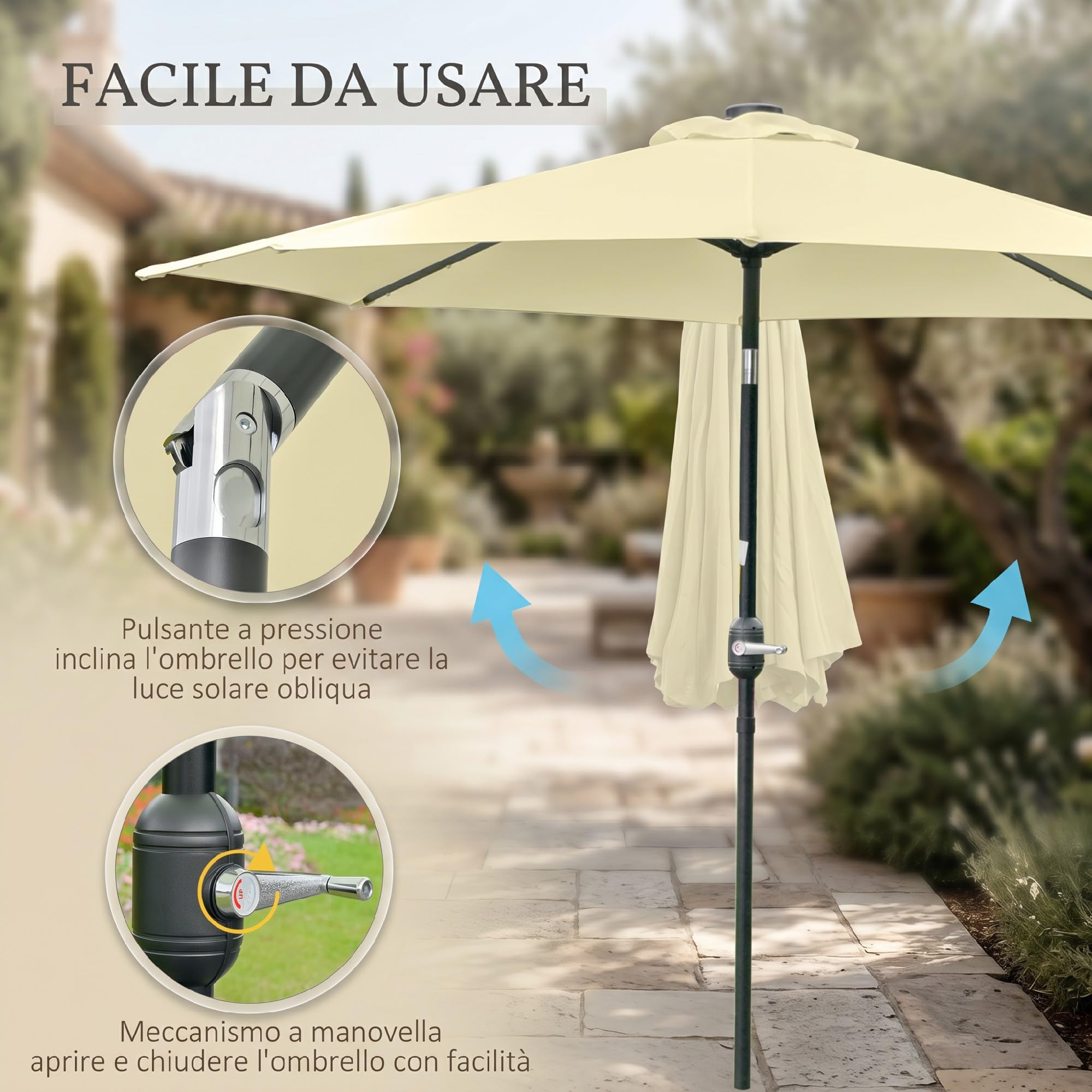 Outsunny Ombrellone da Giardino Inclinabile Ø265 cm con Manovella Beige | 32 Luci LED Solari, Ombrellone da Esterno, 8 Stecche, Acciaio e Poliestere, per Terrazza Balcone Patio