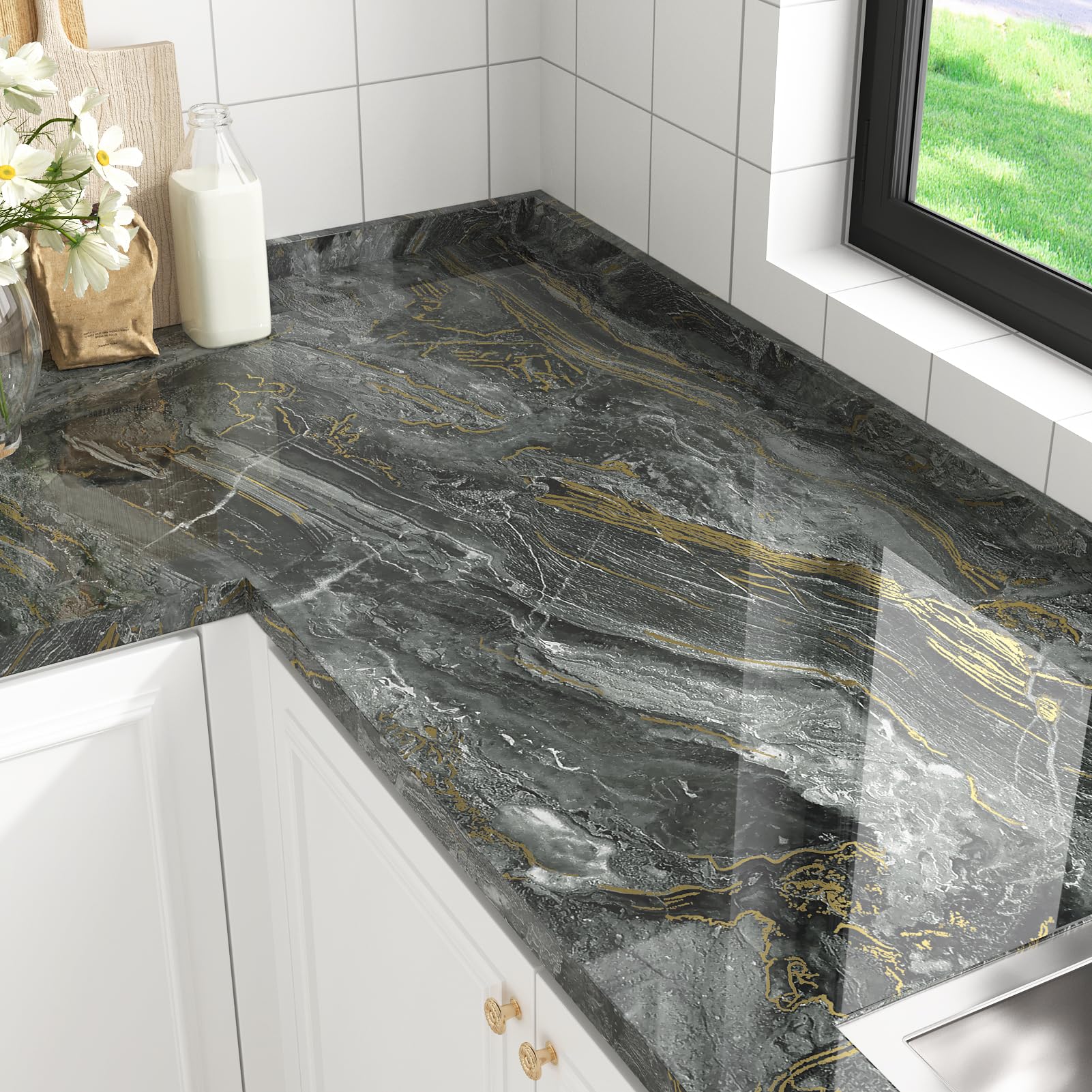 HotDecor Light Black and Gold Marble Wallpaper Kitchen Worktop Vinyl Wrap Black and Gold Sticky Back Plastic Roll Glossy Marble Effect Self Adhesive Vinyl Wallpaper for Kitchen Cupboards 40cm X 200cm