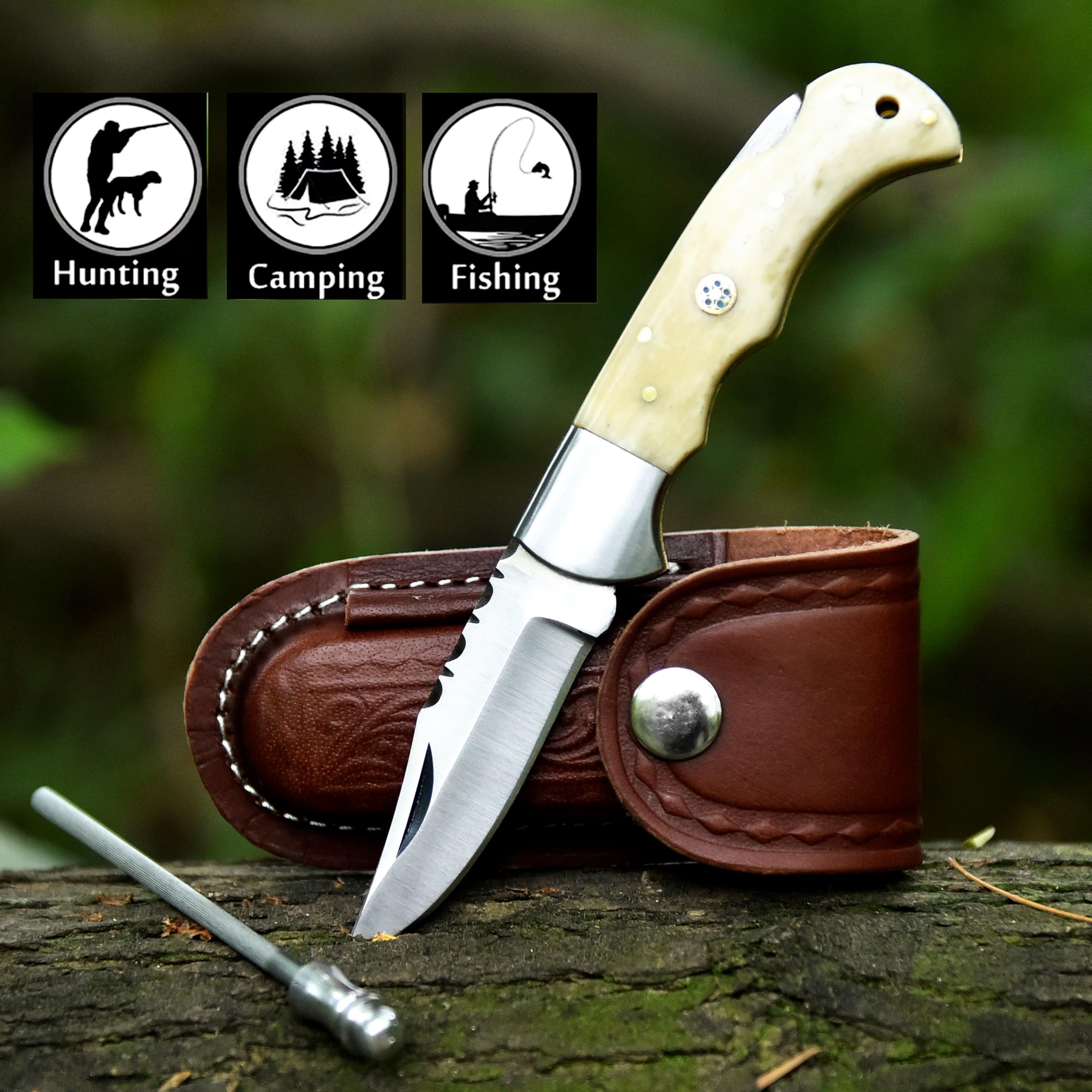 UA KNIVES HANDMADE Pocket Knife for Men - 7 Inches Stainless Steel Folding Knife with Leather Sheath - Best for EDC, Camping, Hiking and Outdoor Activities (Camel Bone)