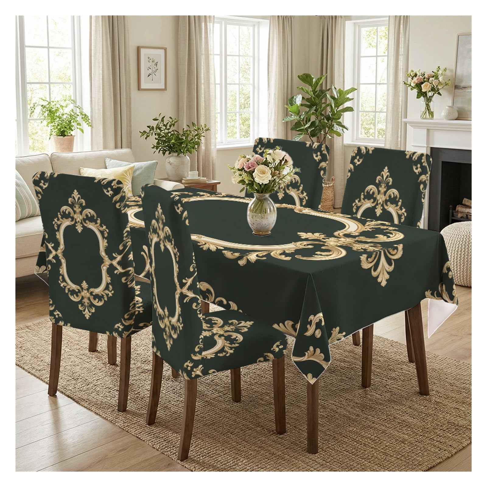 KXUAUV Dark Green & Gold Baroque Print Tablecloth & Chair Covers Set, Slipcovers For Dining Room, Kitchen, Wedding & Luxury Decor, 5/7 Pack Party Decor(5pcs Set: Tablecloth+Chair Covers)