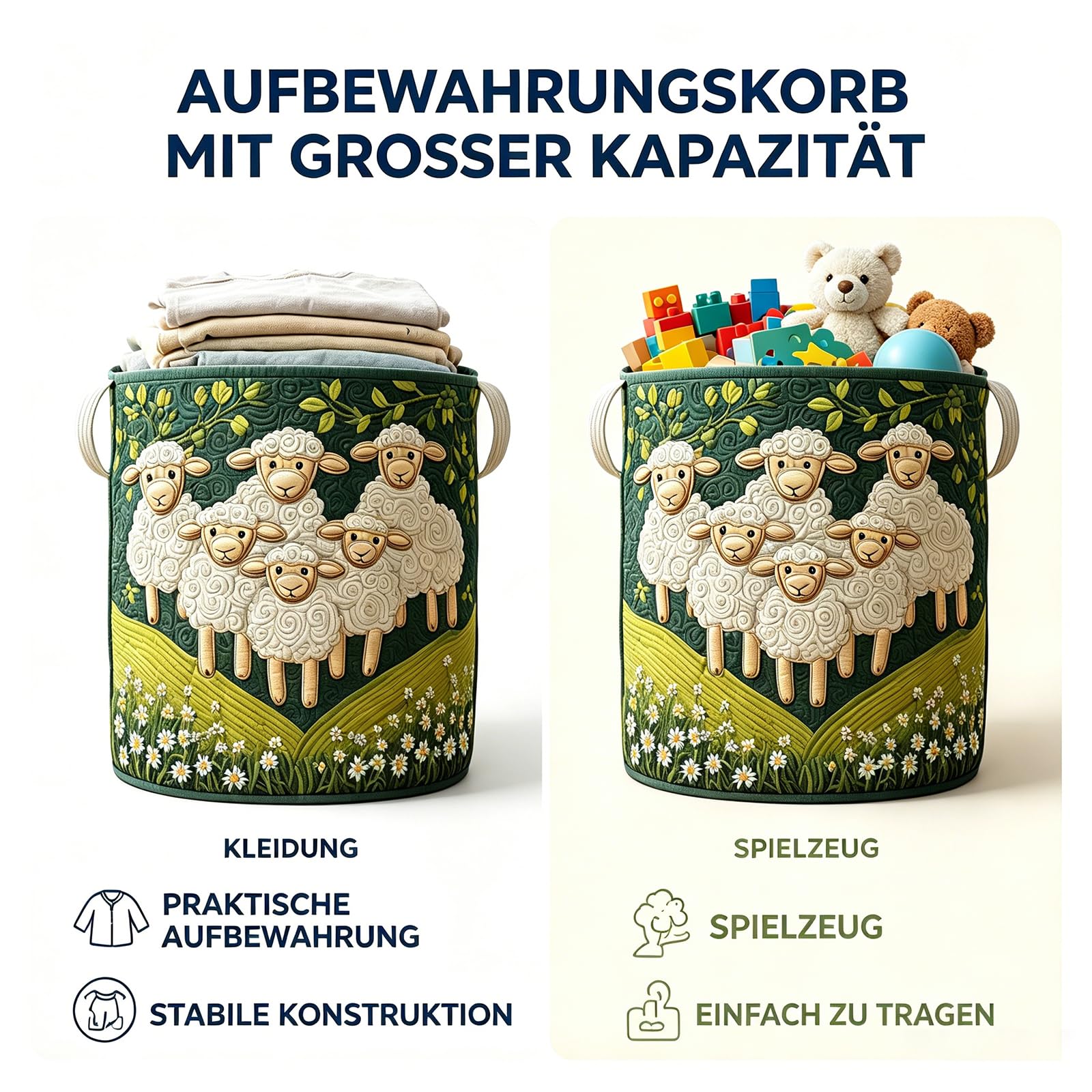 Wäschekorb Schäfchenwelt, Boho Stoff-Aufbewahrungskörbe, Soft Fabric Storage Basket für Schlafzimmer, Badezimmer, Kinderzimmer (B,L)