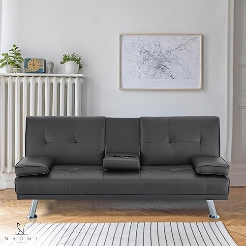 Naomi Home Diseño de perfil bajo: sofá cama plegable convertible para sala de estar, sofá futón tapizado de piel sintética con reposabrazos, patas