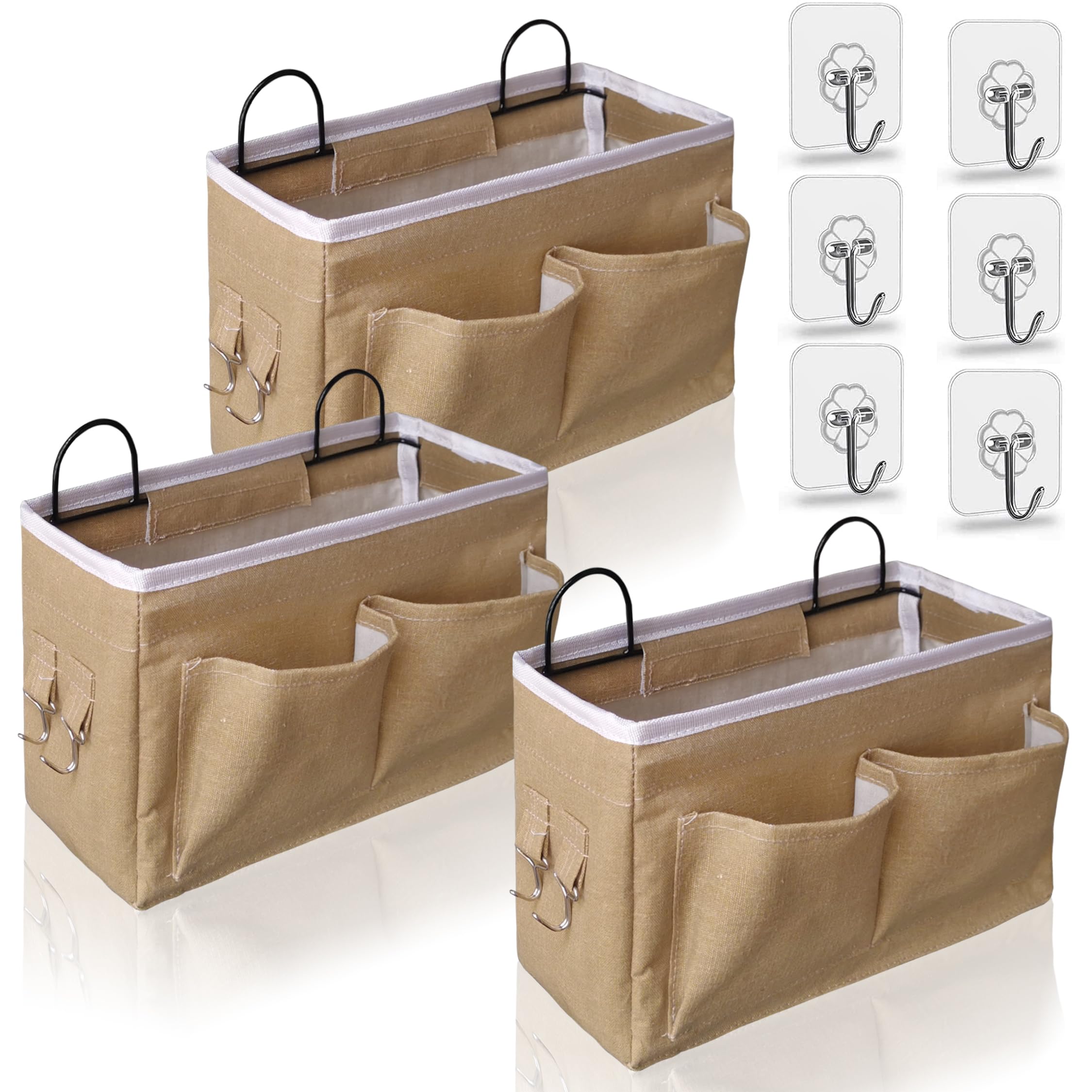 Kanrichu 3pcs Middle Wall Hanging Organizer Bag, Linen Fabric Door Hanging Storage Basket with Pockets, Waterproof Bin for Kitchen, Bedroom, Office, RV Camper (Khaki)
