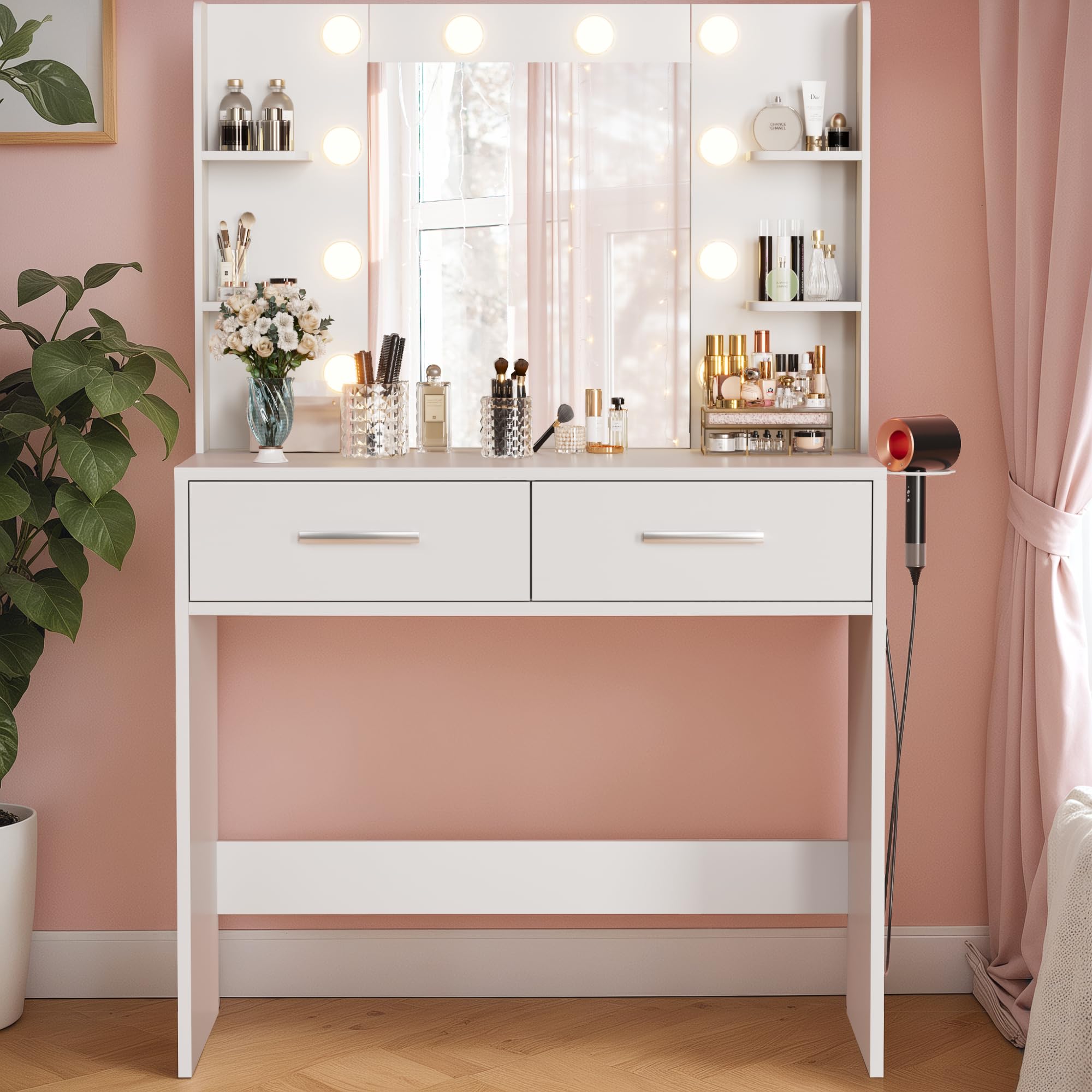 YESHOMY Vanity Desk with features labeled