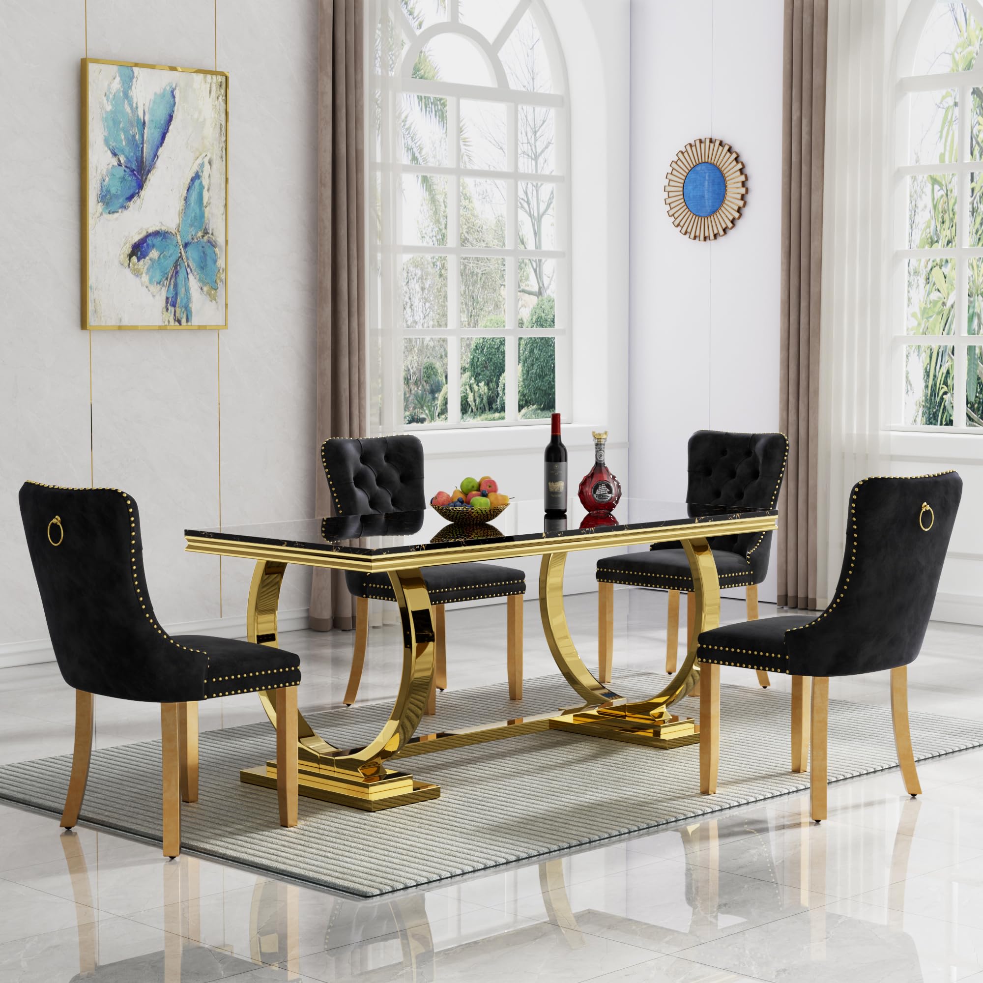 5 Piece Marble Dining Table Set for 4, Luxury 68"" Black Marble Gold Kitchen Table with 4 Black Velvet Upholstered Chairs, Modern 4 Person Dining Room Table Set for Kicken Dining Office Room