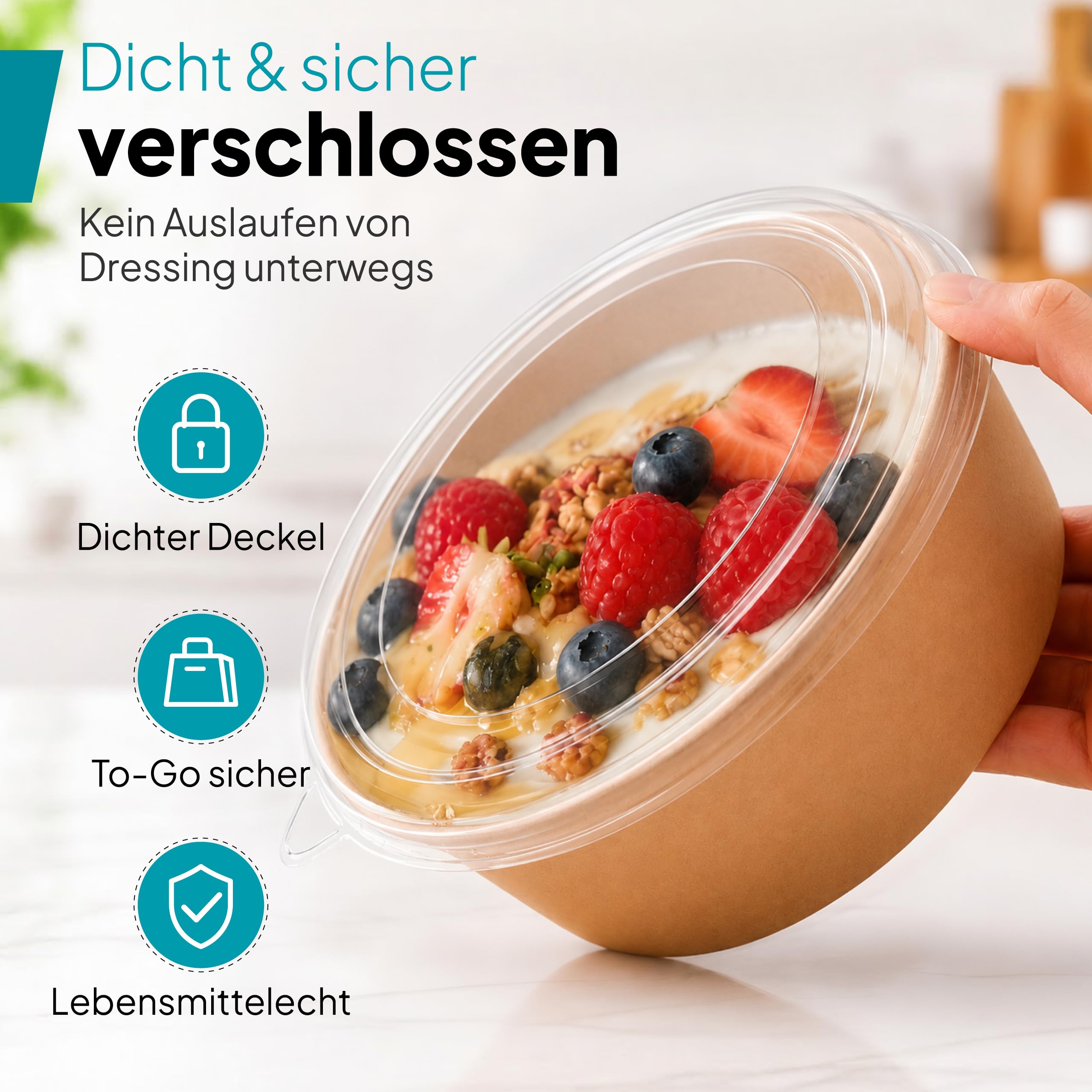Commerline Salatschale 1300 ml, 150 Stück, Salad Bowl mit Deckel, Braun