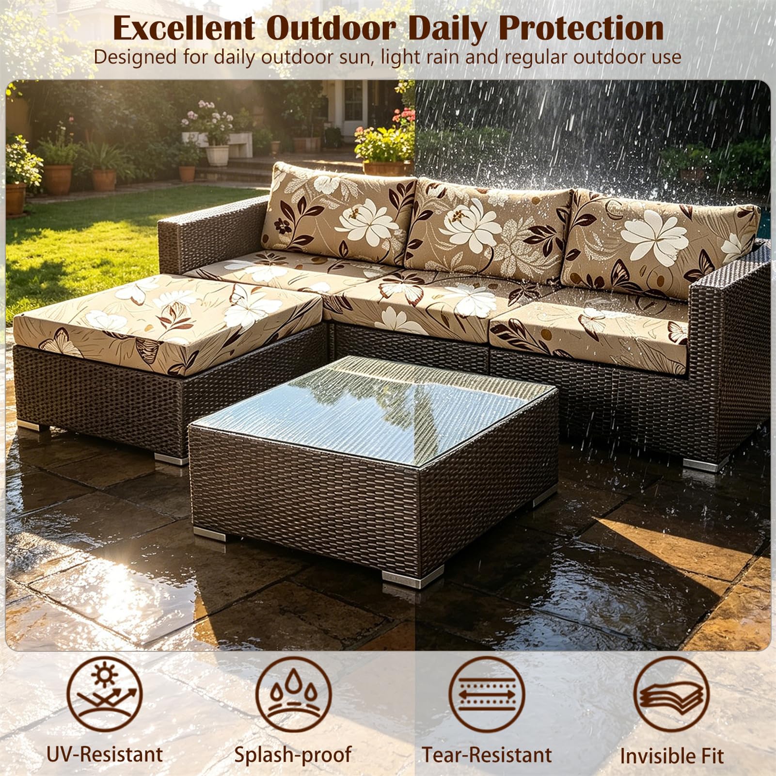 Housse de Coussin Extérieur Imperméable et Extensible avec Membrane TPU, Housse de Remplacement pour Assise et Dossier de Salon de Jardin, Canapé, Rotin et Patio (Pattern 2,8pcs)