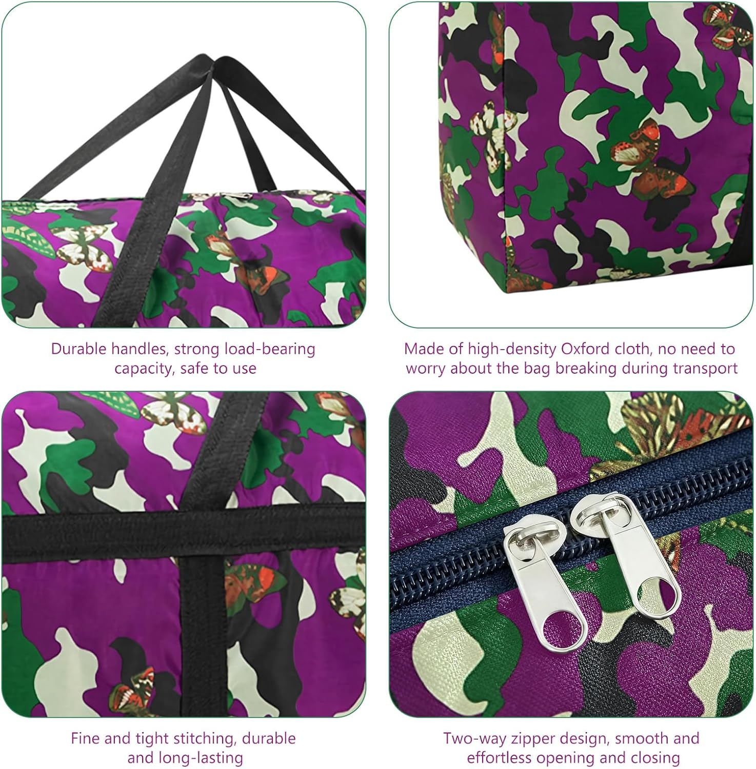 Multi-Size Moving Bag (40L-180L) - Heavy Duty Zippered Storage Bags with Handles for Clothes, Packing Bags for Moving House, Travel Home Organization (Camouflage version - Butterfly, 180L-100*58*28cm)