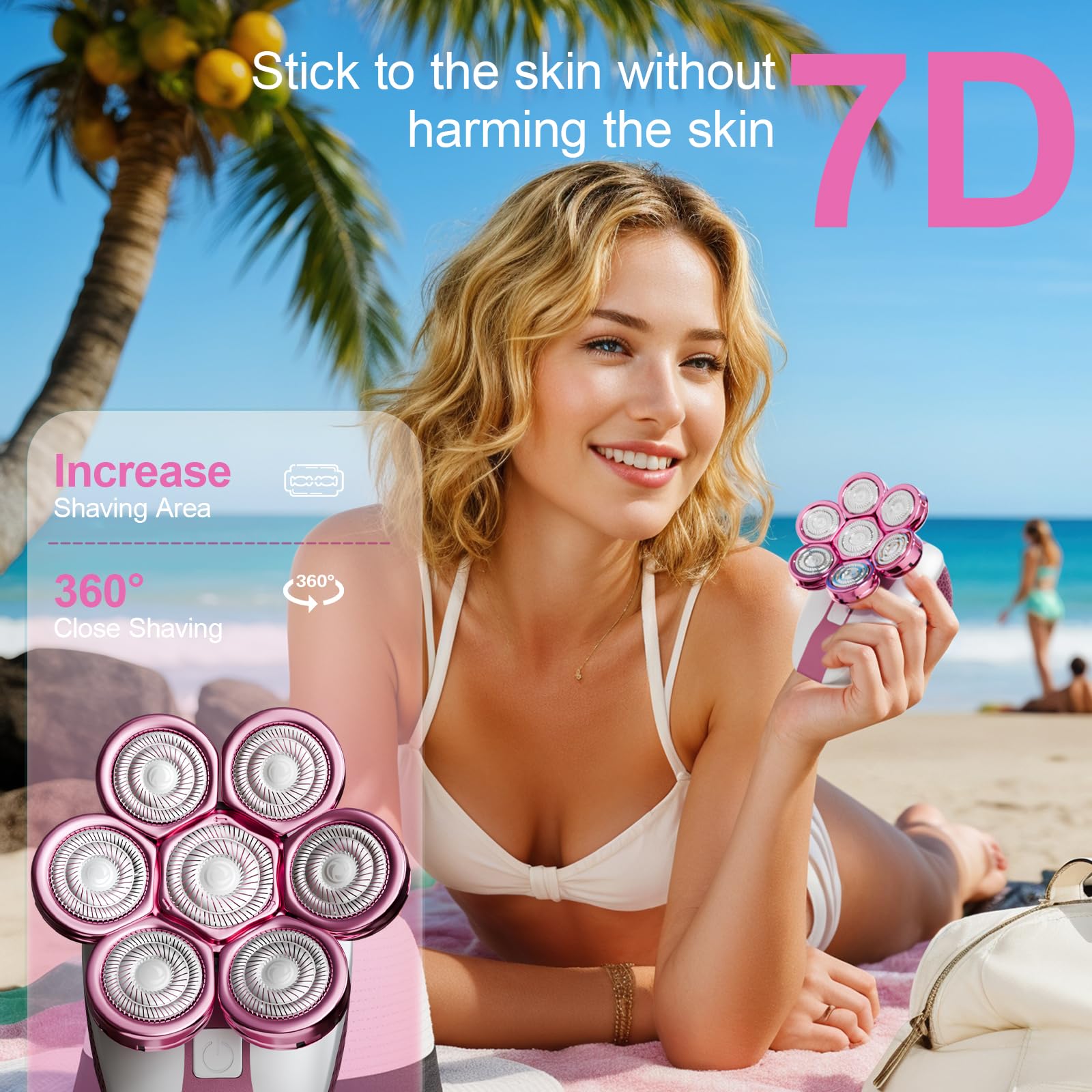 Electric Razor for Women, 7D Rotary Shaver with LED Display, Wet & Dry, Pink