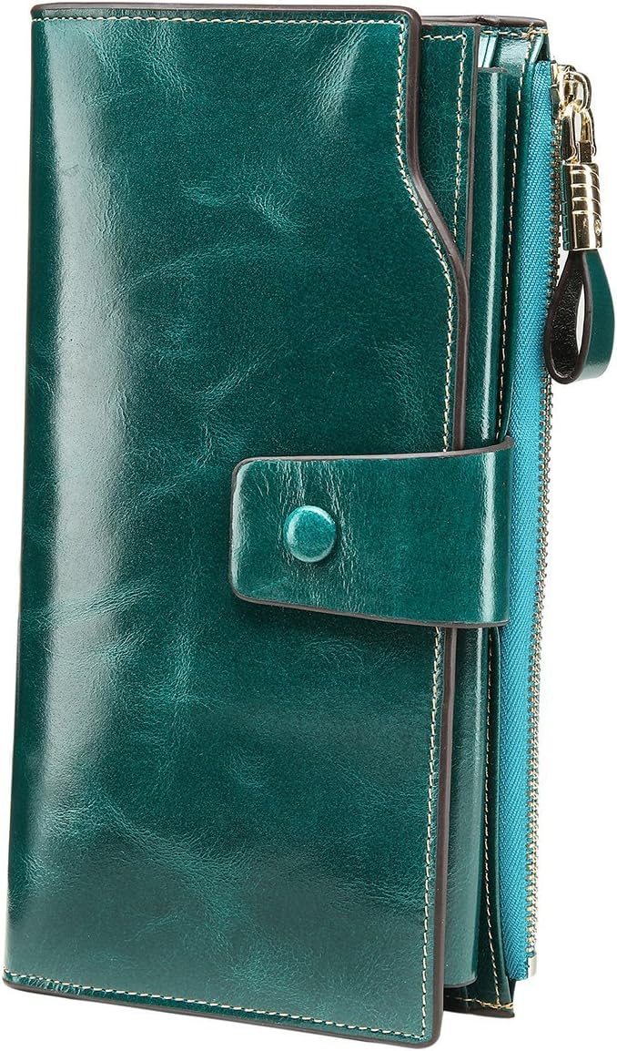 Itslife Women's RFID Blocking Large Capacity Luxury Wax Genuine Leather Cluth Wallet Card Holder Ladies Purse (Peacock Green RFID Blocking)
