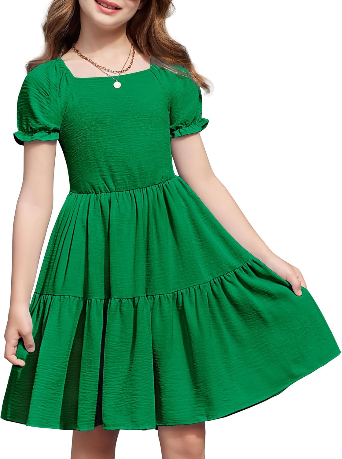 Arshiner Girls Summer Dress Tie Back Short Sleeve Square Neck Tiered Midi Casual Dresses with Pockets
