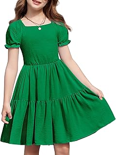 Girls Summer Dress Tie Back Short Sleeve Square Neck Tiered Midi Casual Dresses with Pockets