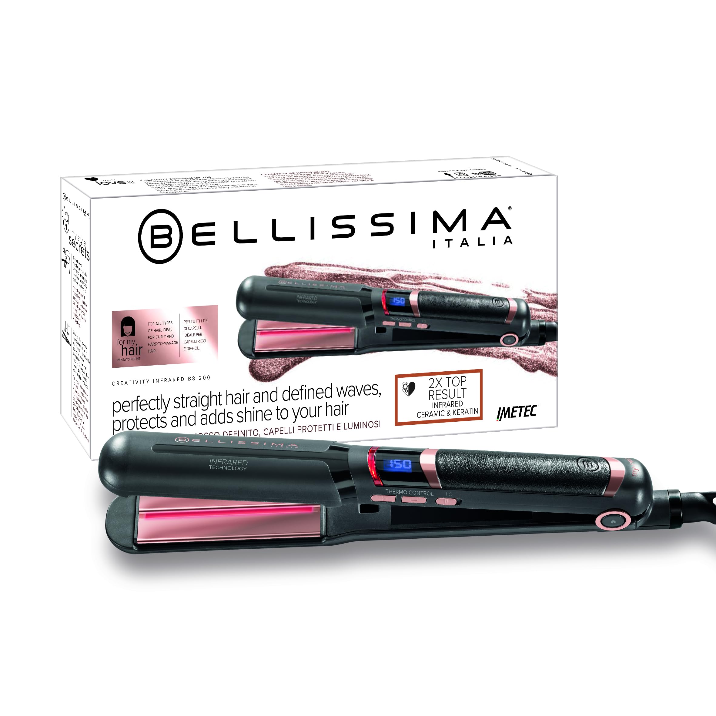 Bellissima Creativity Infrared Hair Straightener – Ceramic Plating with Infrared, Keratin Technology for Sleek Hair, 130°C-230°C Adjustable Temperatures. Quick Heat Up, Digital Display, Anti-Frizz