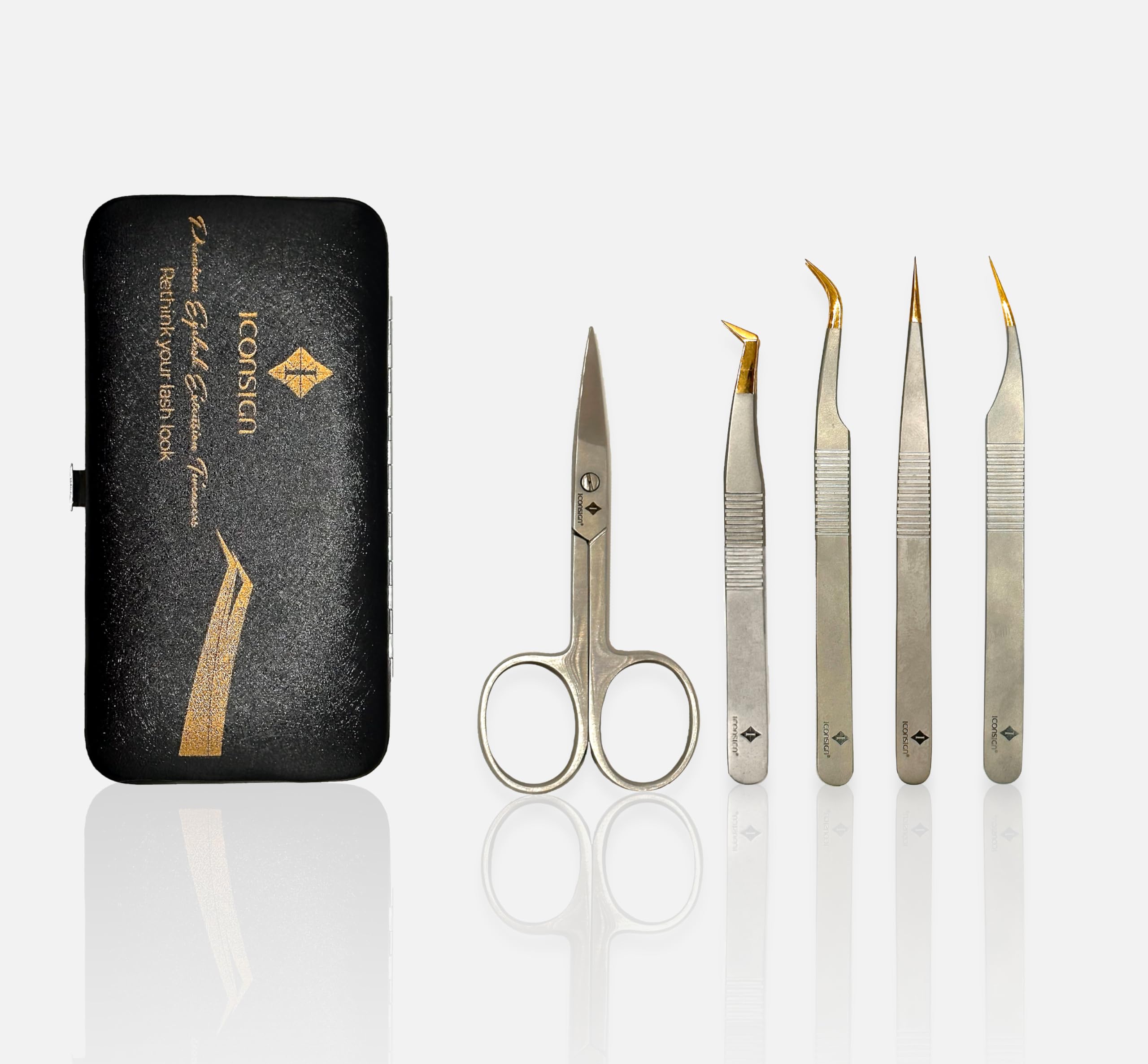 ICONSIGNProGrade Premium Precision Eyelash Extension Tweezers - with Ultra-Fine Gold Tips for Expert Eyelash Application, Ideal for Professional Lash Artists and DIY Home Use (5 in One Box)
