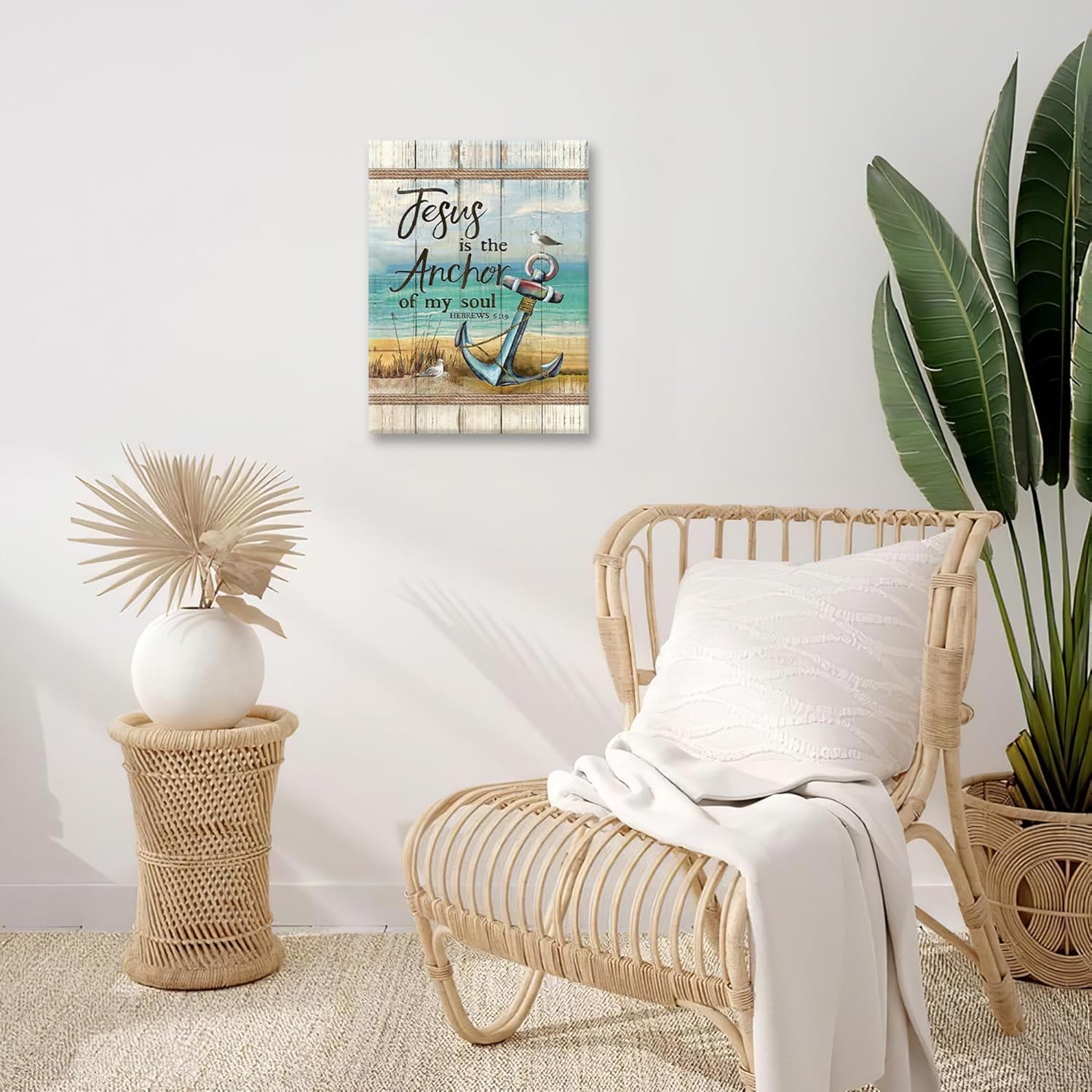 Christian Beach Anchor Wall Art Scripture Coastal Nautical Canvas Print Painting Bible Verses Pictures Framed Christian Gifts Artwork Dining Living Bathroom Bedroom Decor for Home Office 16"x20"
