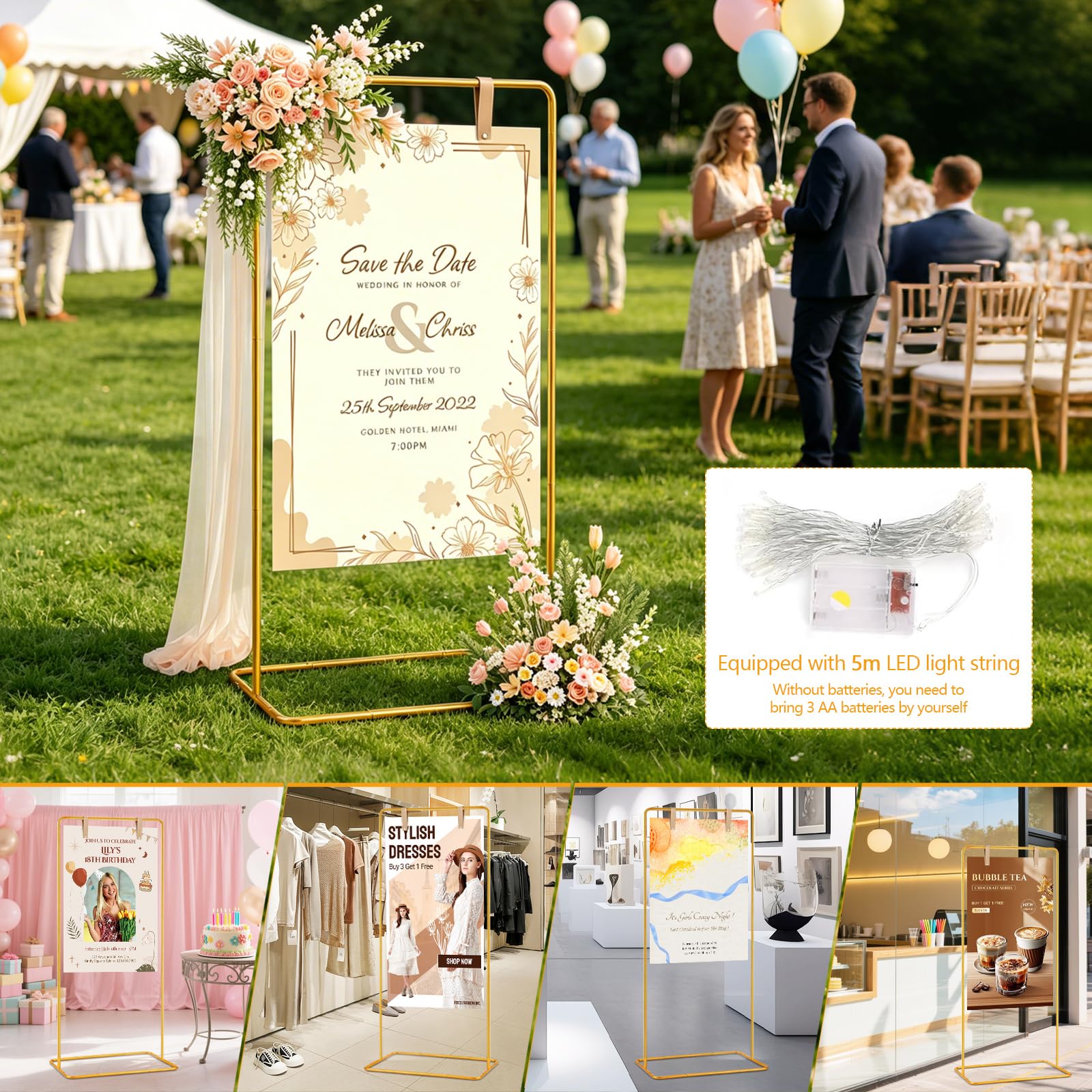 Willkommensschild Ständer Hochzeit 175x80x50cm Gold Metall Verstellbarer Posterhalter mit Lichterkette