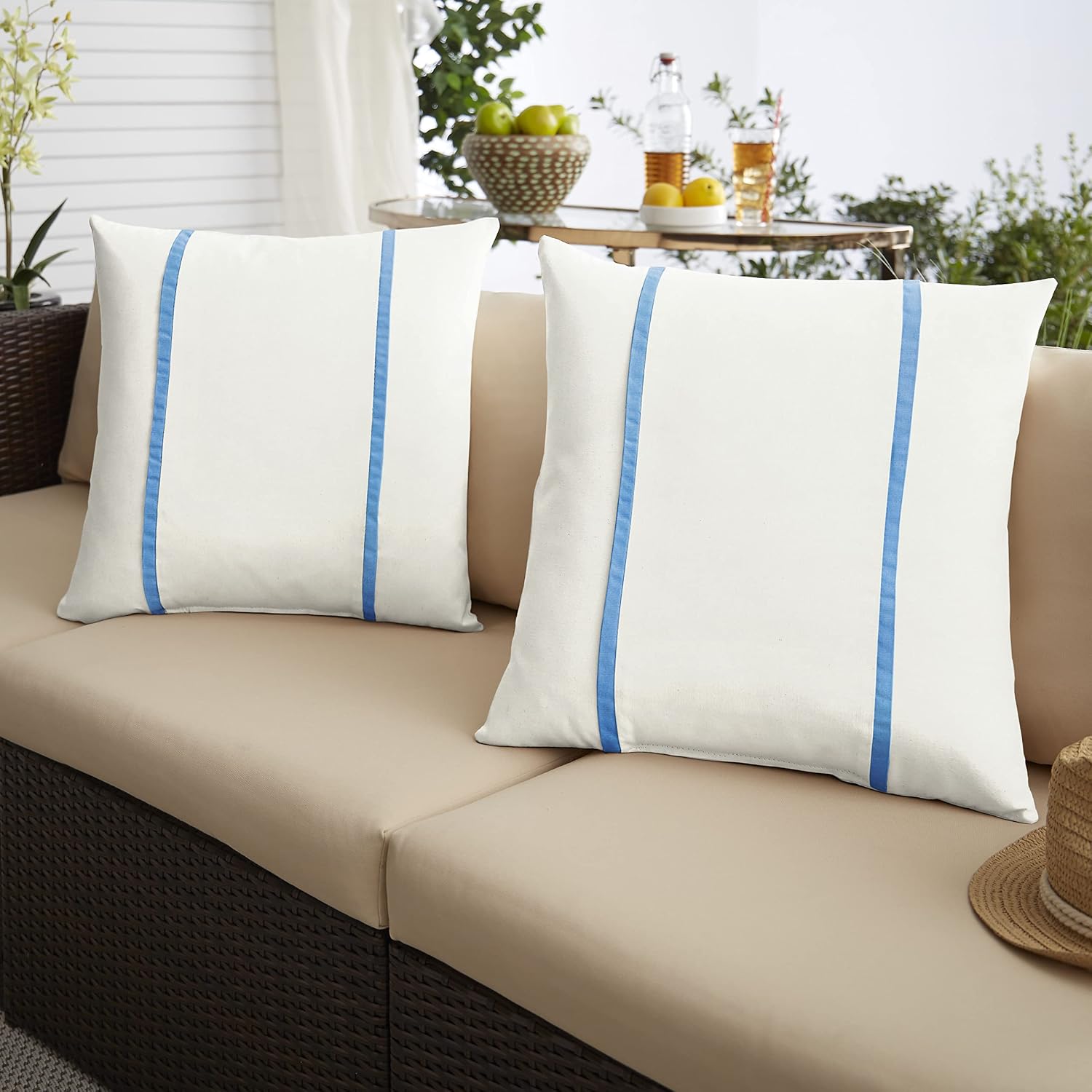 Sorra Home x Sunbrella - Indoor/Outdoor Square Pillows (Set of 2), Canvas Natural Ivory & Capri Blue