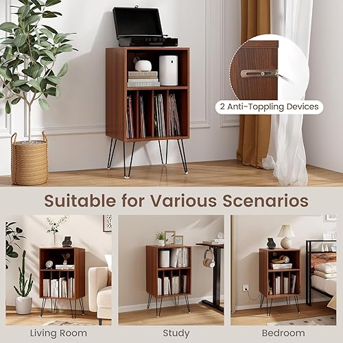 Miniatura 6 de Giantex Soporte para tocadiscos con estación de carga, armario giratorio con almacenamiento de discos y patas de metal, gabinete de almacenamiento