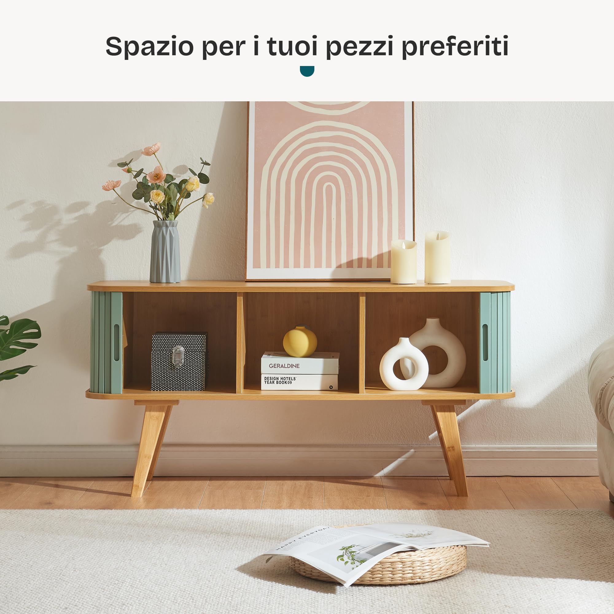 [en.casa] Mobile Tavolino Porta TV con Scomparti e Ante Scorrevoli Armadio Basso Stand TV e Centri Multimediali 120 x 40 x 58 cm - Naturale/Azzurro
