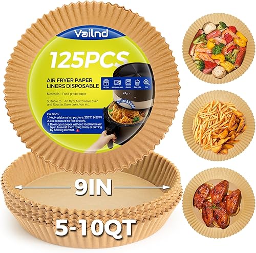 Vailnd Revestimientos de papel desechables para freidora de aire redonda de 9 pulgadas, 125 piezas antiadherentes de grado alimenticio para freidora