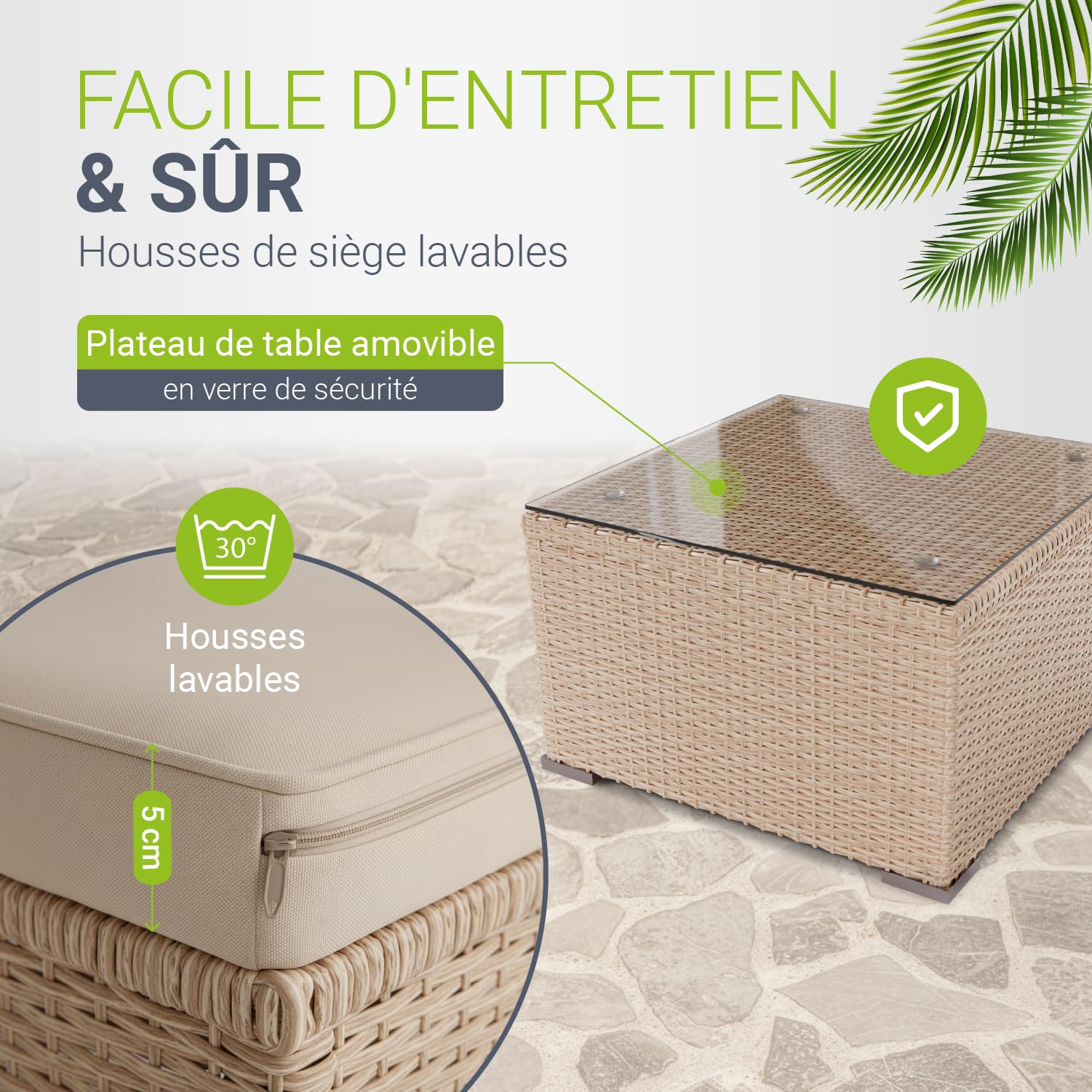 Juskys Salon de Jardin en polyrotin Lounge Punta Cana M, résistant aux intempéries - avec canapé, Tabouret, Table & Coussins - 3-4 Personnes - Crème/Sable