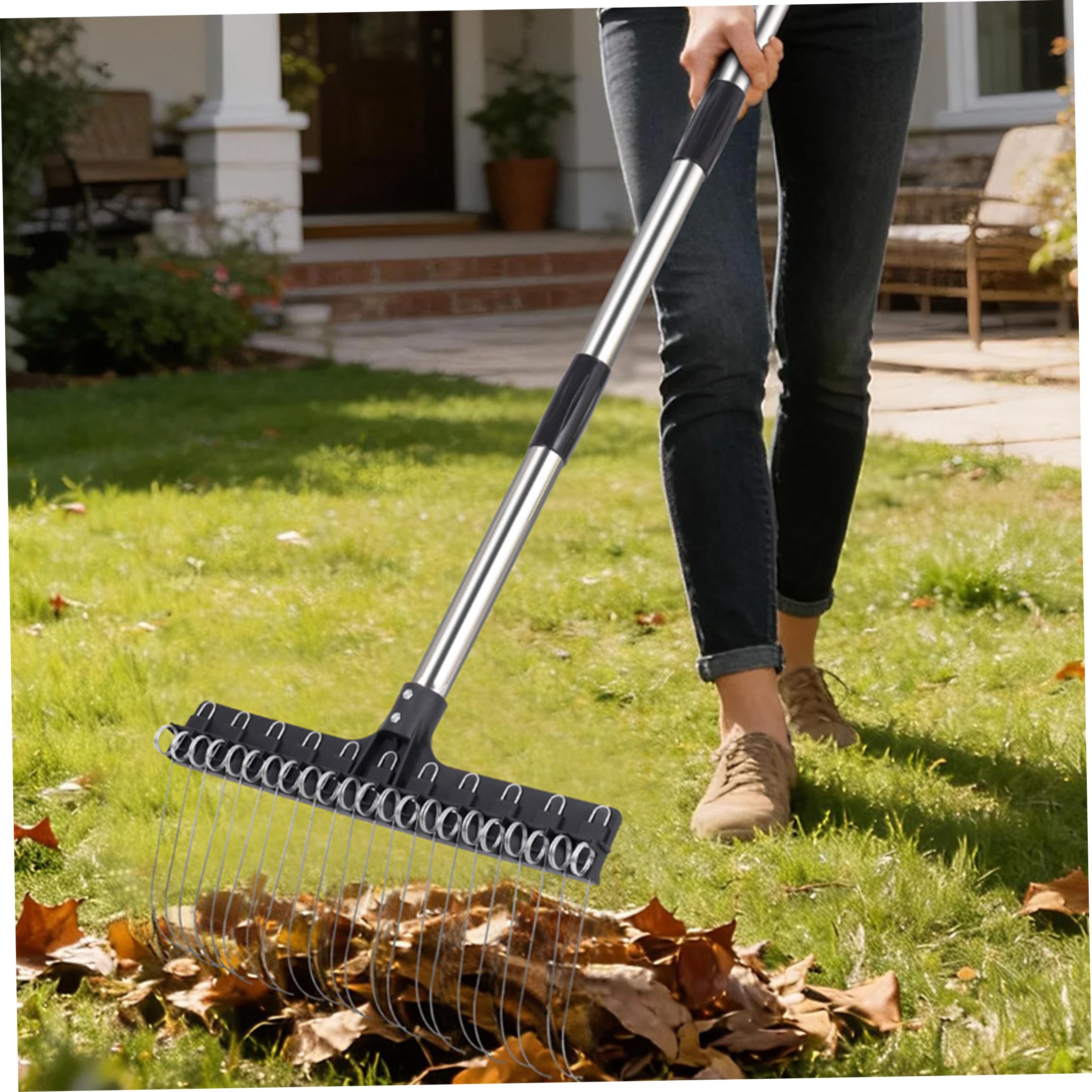 Rastrillo de Hojas de Metal, rastrillo de jardín Ajustable de 4 Secciones de 5, 25 pies, rastrillos de Hojas de Acero Inoxidable de 22 púas para césped de jardín