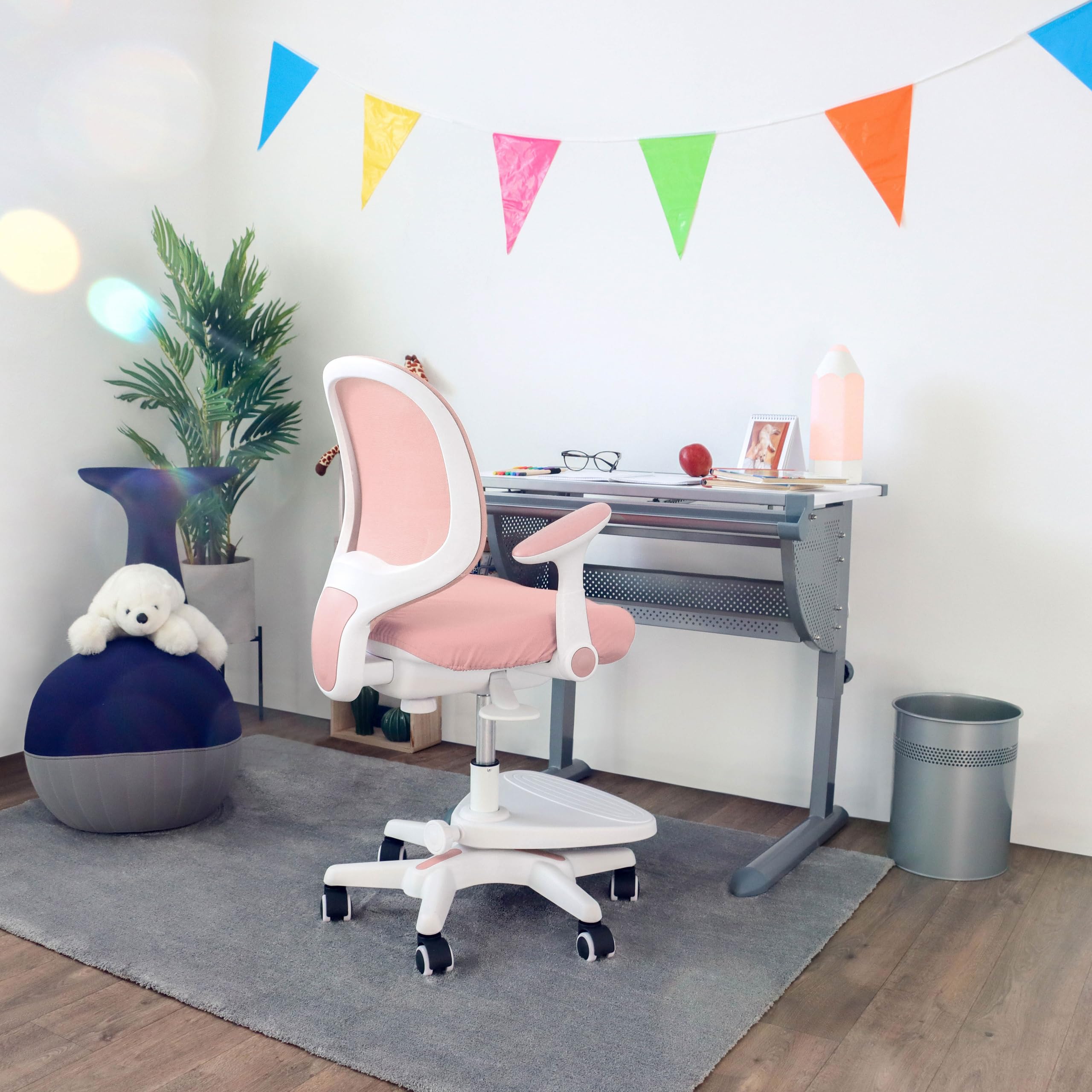 hjh OFFICE 736412 Kinder Schreibtischstuhl Kid Ergo Stoff/Netz Kinderstuhl mit Fußablage, Armlehnen klappbar, Rosa/Weiß