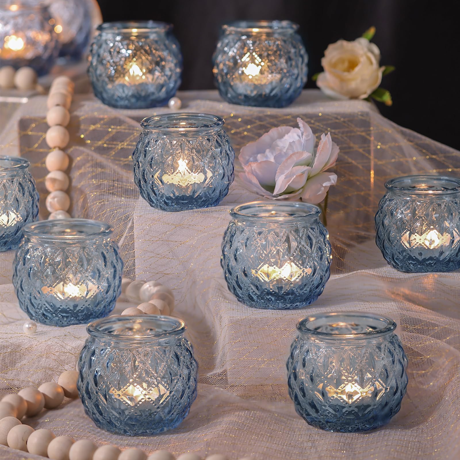 Generic DARJEN 12Pcs Blue Votive Candle Holders - Round Glass Candle Holders Bulk for Tea Light Candle, Diamond Texture Candle Votives for Wedding Centerpiece, Party & Home Decor