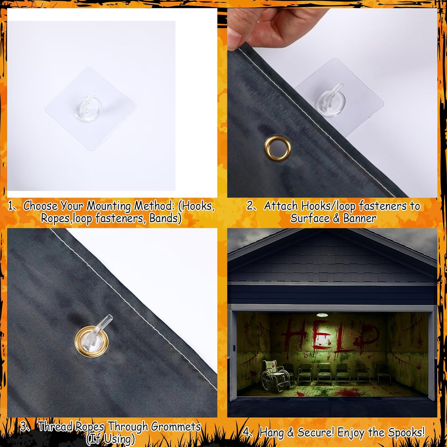 Jenaai 16 x 7 ft Halloween Garage Door Cover Banner Decoration Large Scary Bloody Wheelchair Haunted Backdrop Halloween Garage Wall Decor Spooky Horror Night Backdrop Background for Outdoor Yard Decor