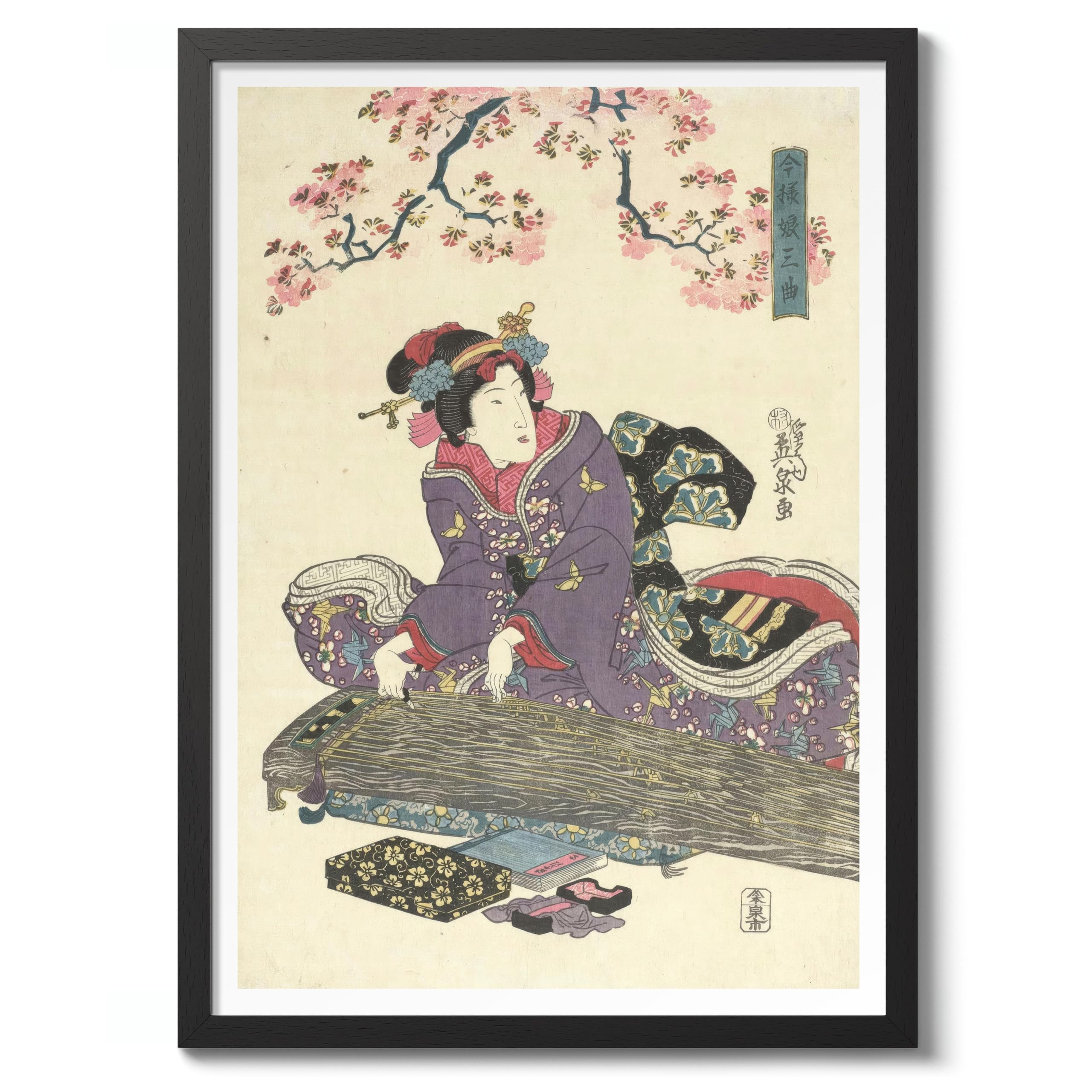 Girl With Koto Keisai Eisen Poster, Japanese Woodblock Ukiyo-E Print, Vintage Art Picture Painting Wall Art Exhibition, Archival Matte, A3 (Black Frame) - 42x29.7cm