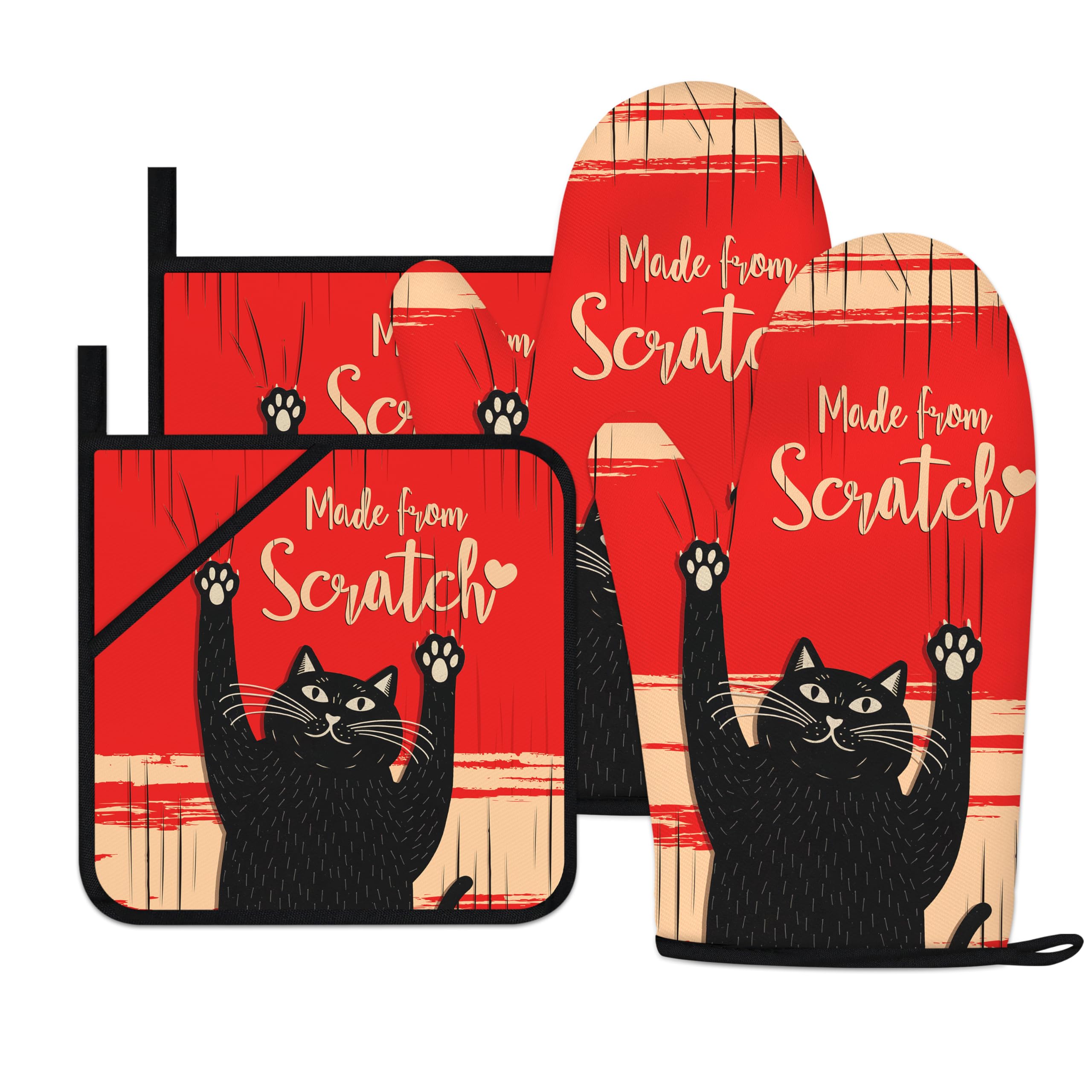 Funny Cat Oven Mitts and Pot Holders Sets Red Black Kitchen Decor Cute Cat Kitchen Accessories Funny Cat Gifts House Warming Birthday Cooking Gifts