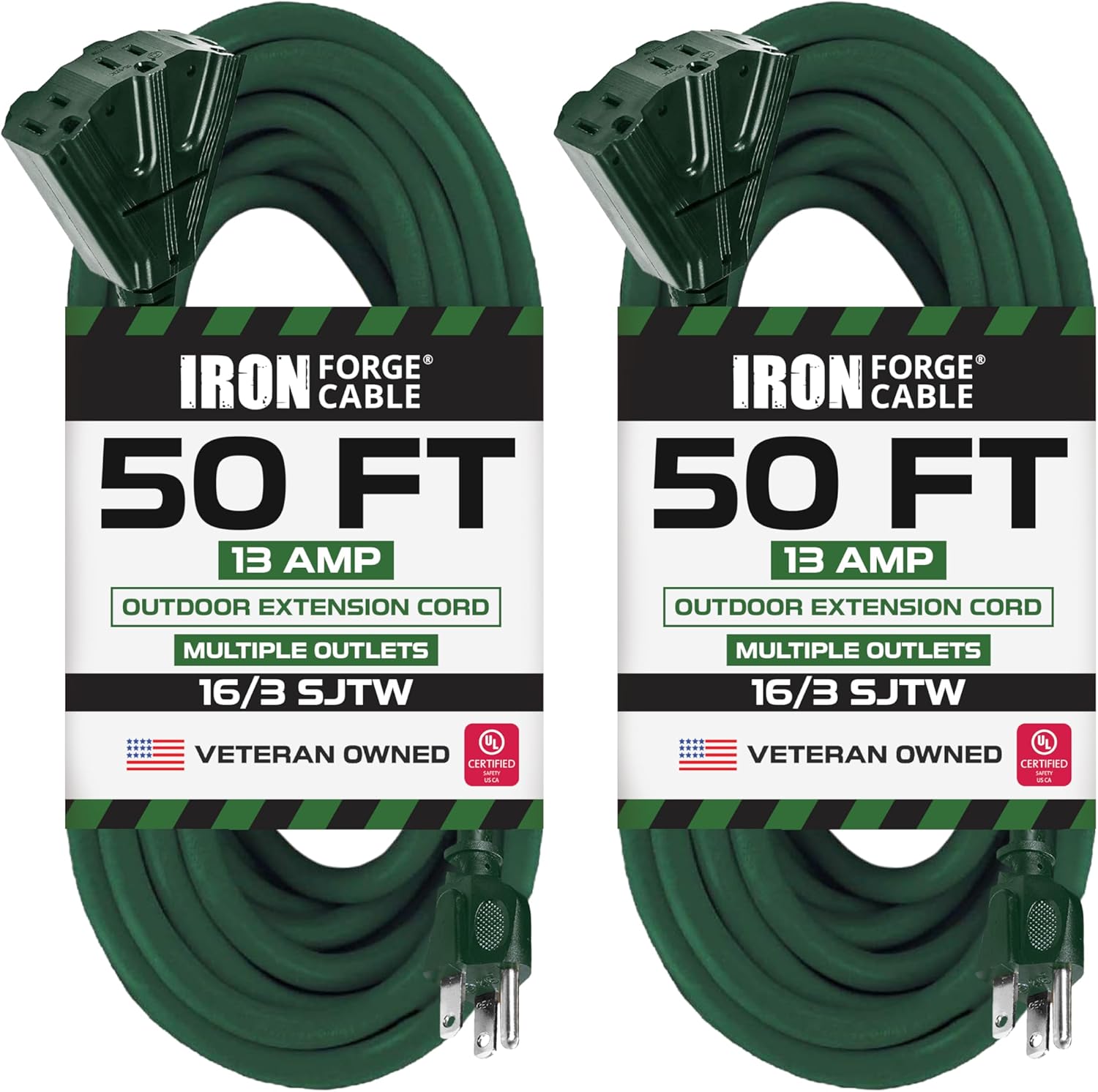Iron Forge Cable 2 Pack 50ft Green Outdoor Extension Cord with 3 Outlets - 16/3 SJTW 50ft Extension Cord, 13 Amp All-Weather Heavy Duty Power Cable