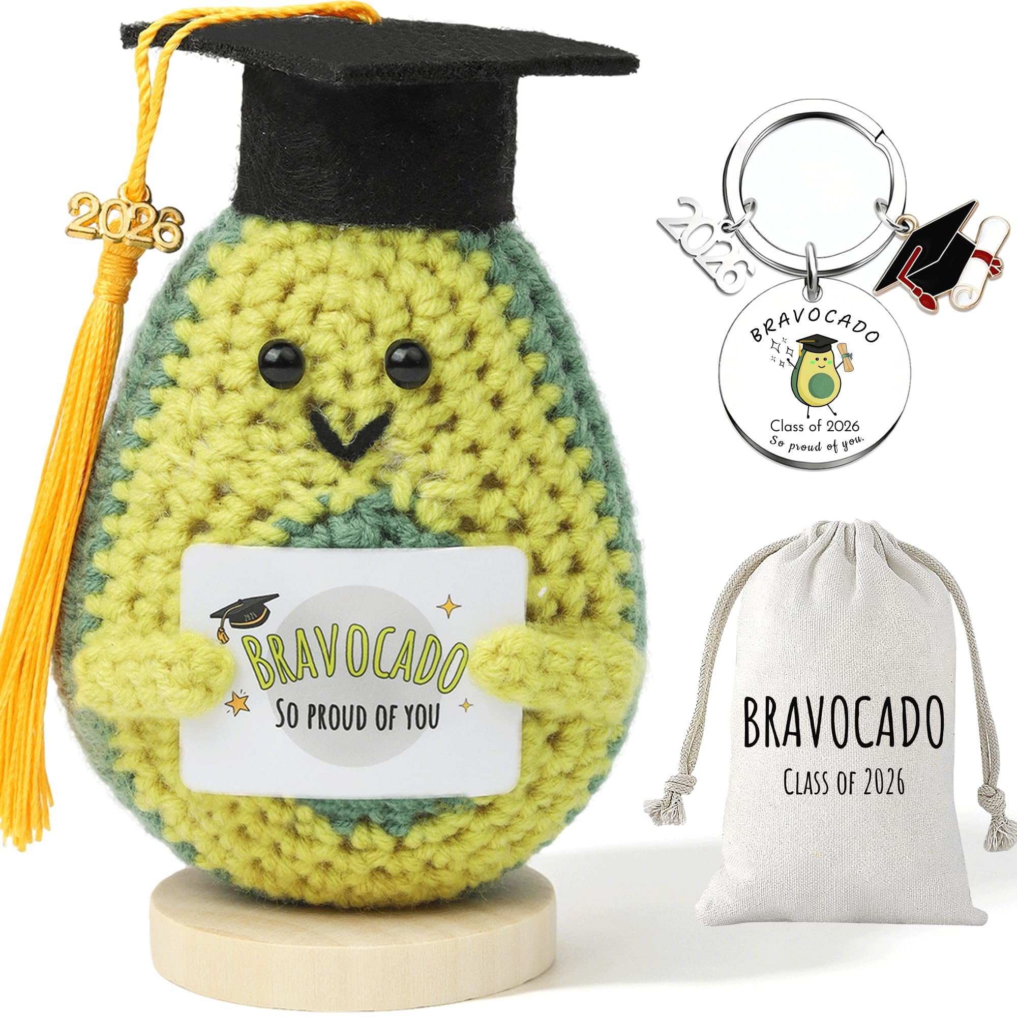 Mini Positive Crochet Avocado - Fun Graduation Gifts, Emotional Support Gift for Her Him High School & College Graduate Class of 2026 Leavers Gifts, Cute Crochet Animals with Drawstri Keyring